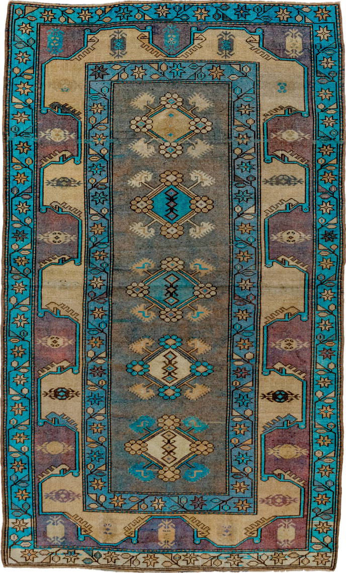 4' x 6' one-of-a-kind handmade vintage Anatolian small size rug. Color palette: black, blue, brown, gray, green