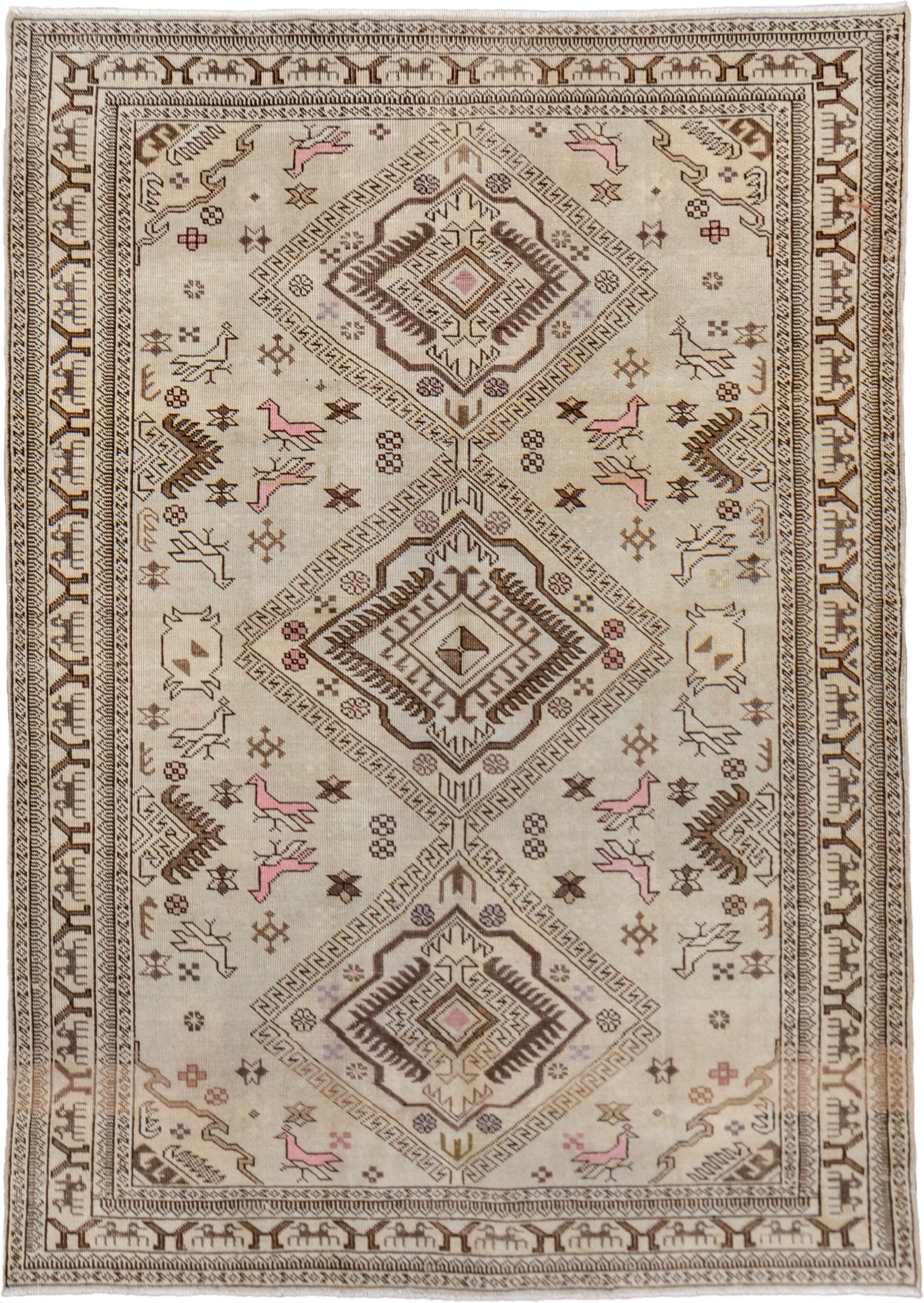 4' x 6' one-of-a-kind handmade antique Ardebil small size rug. Color palette: ivory, brown, taupe, rose, camel, sage, beige