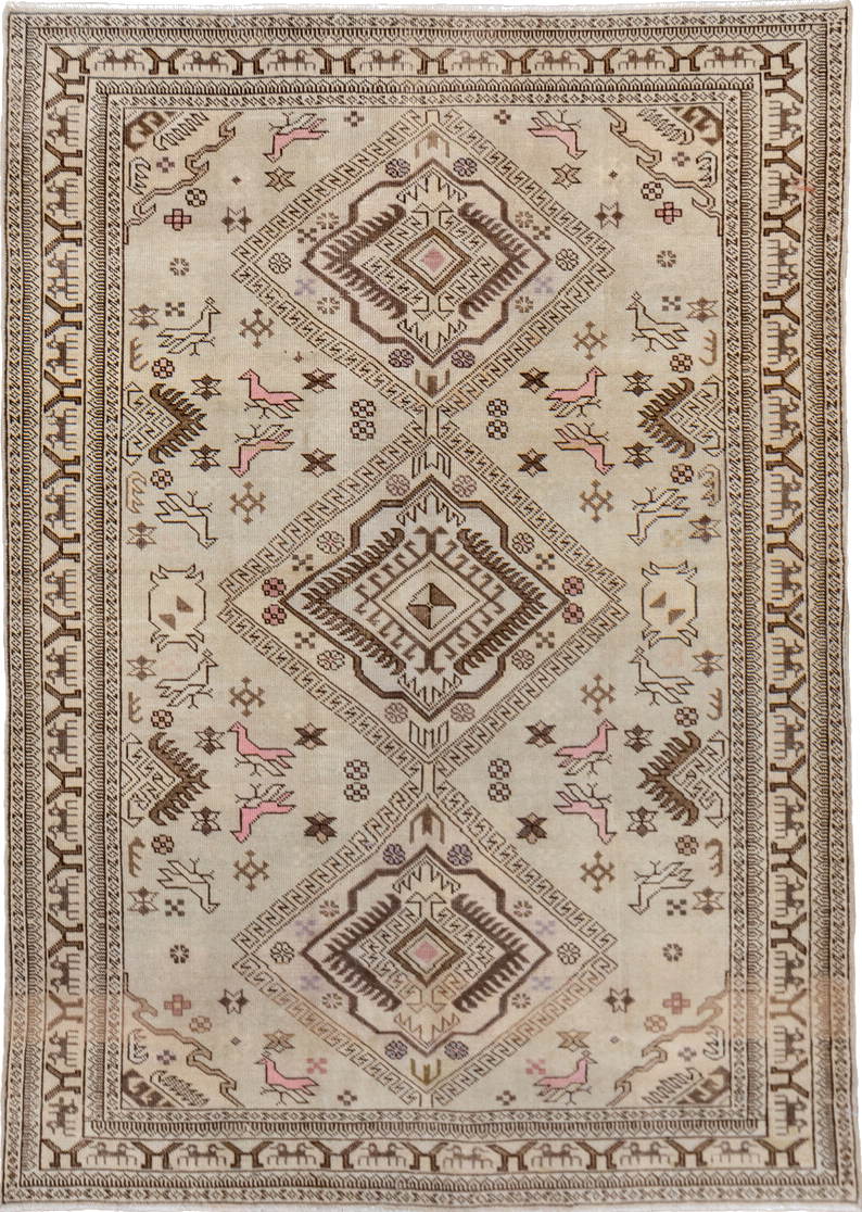 4' x 6' one-of-a-kind handmade vintage Ardebil small size rug. Color palette: brown, gray, light gray, off-white, orange