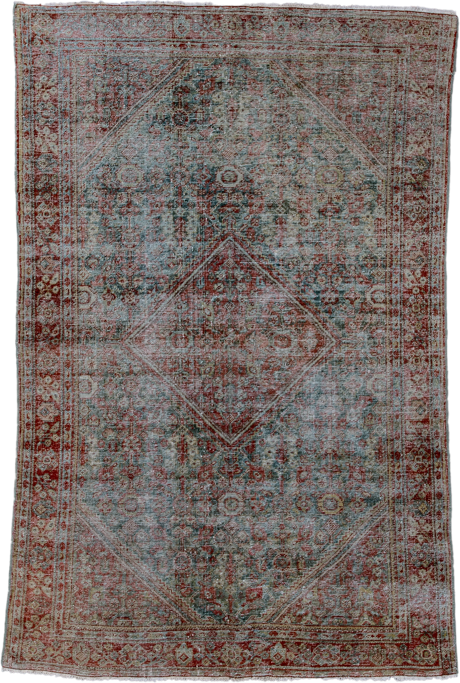 4' x 6' one-of-a-kind handmade antique Mahal small size rug. Color palette: rust, teal, ivory, rose, sage, taupe, burgundy