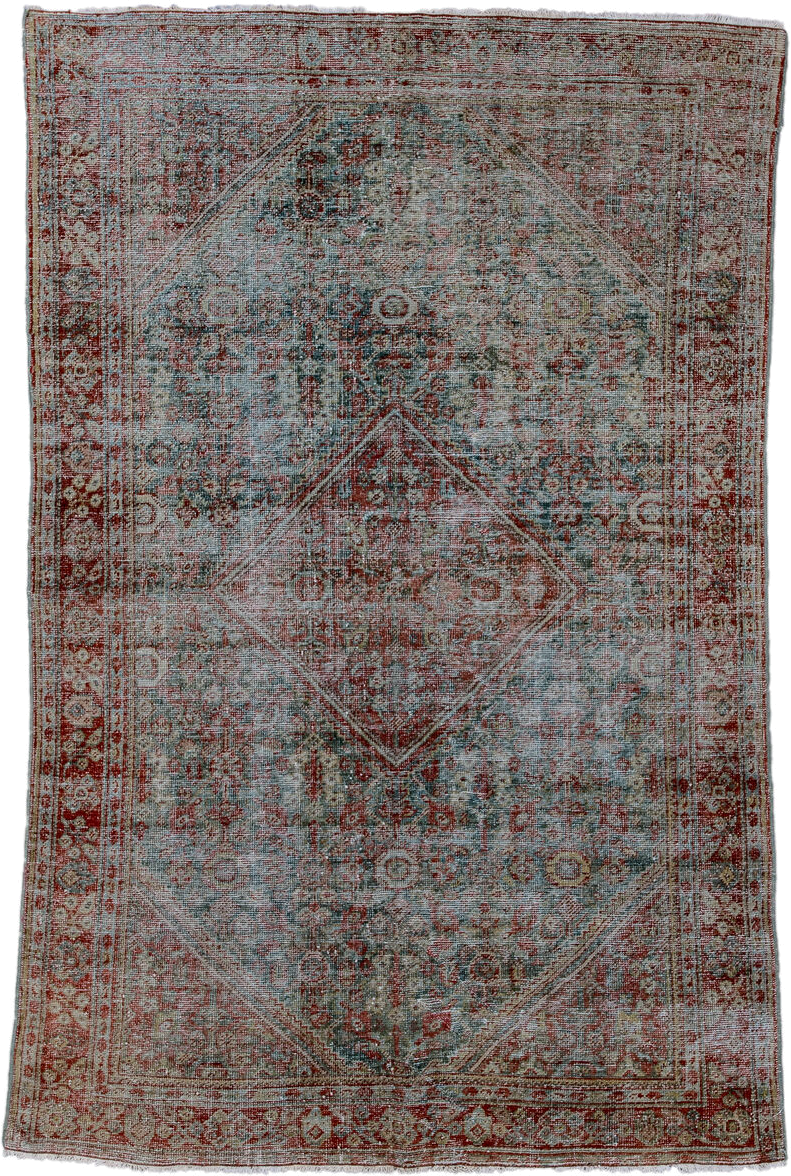 4' x 6' one-of-a-kind handmade antique Mahal small size rug. Color palette: rust, teal, ivory, rose, sage, taupe, burgundy