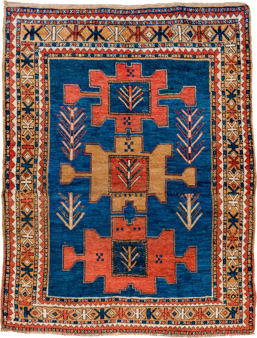 4' x 5' one-of-a-kind handmade antique Kazak small size rug. Color palette: blue, ivory, rust, navy, camel, coral