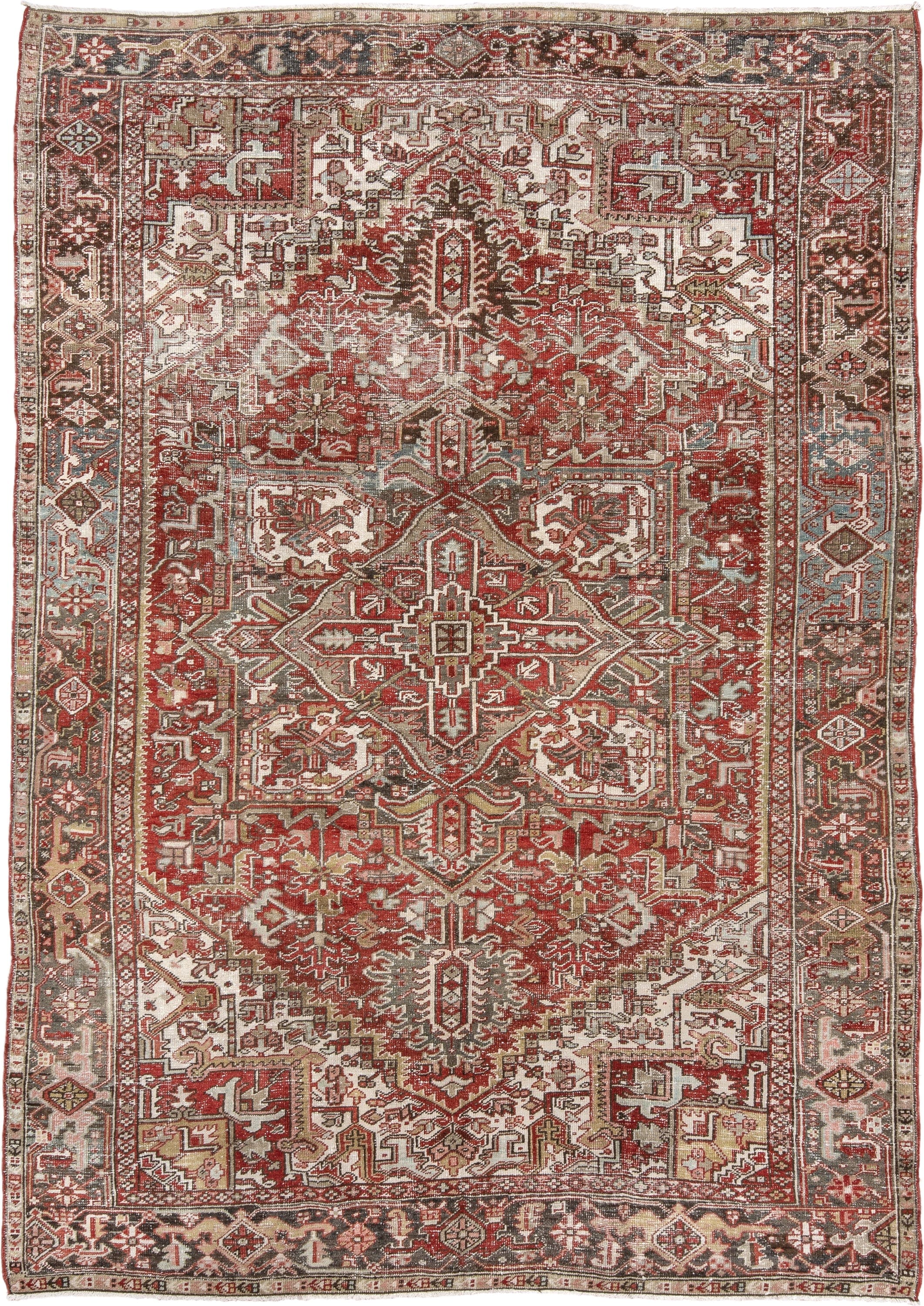 8' x 11' one-of-a-kind handmade antique Heriz large size rug. Color palette: ivory, rust, brick red, taupe, brown
