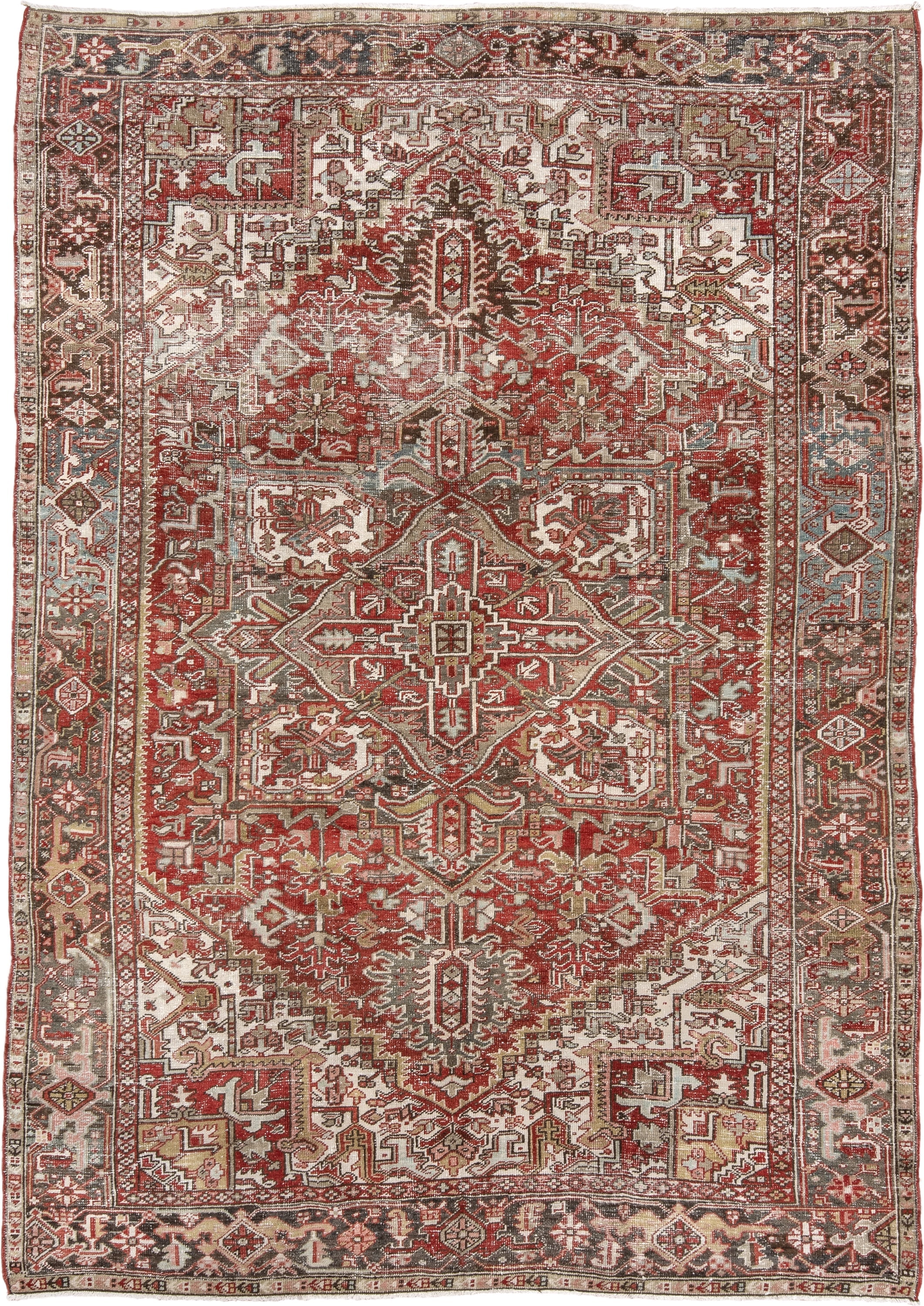 8' x 11' one-of-a-kind handmade antique Heriz large size rug. Color palette: ivory, rust, brick red, taupe, brown