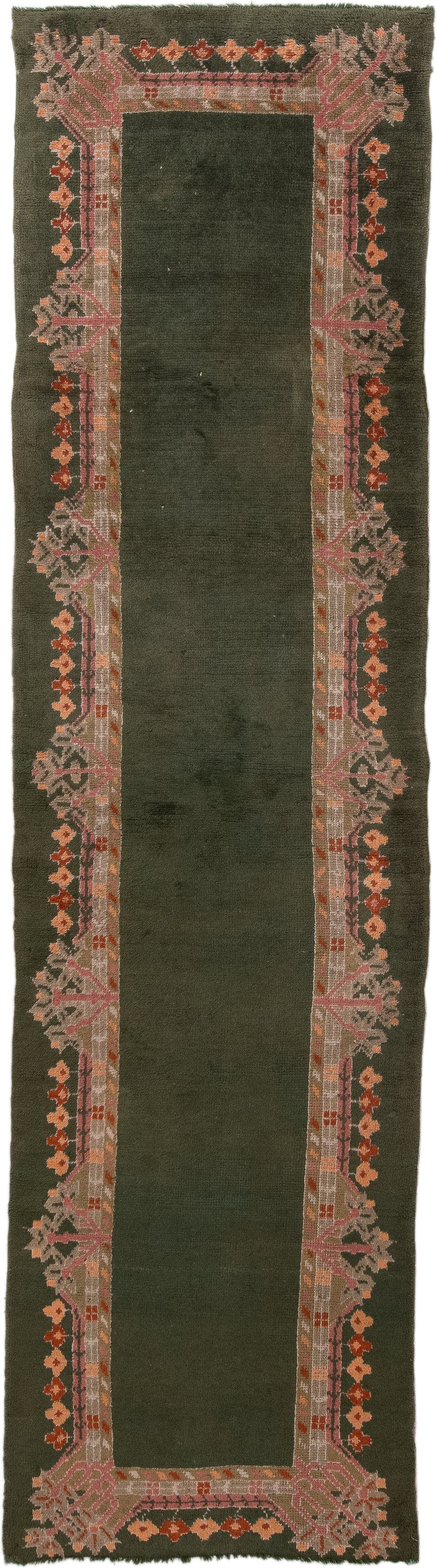3' x 11' one-of-a-kind handmade antique Oushak runner rug. Color palette: olive, taupe, rose, rust, ivory, charcoal, green