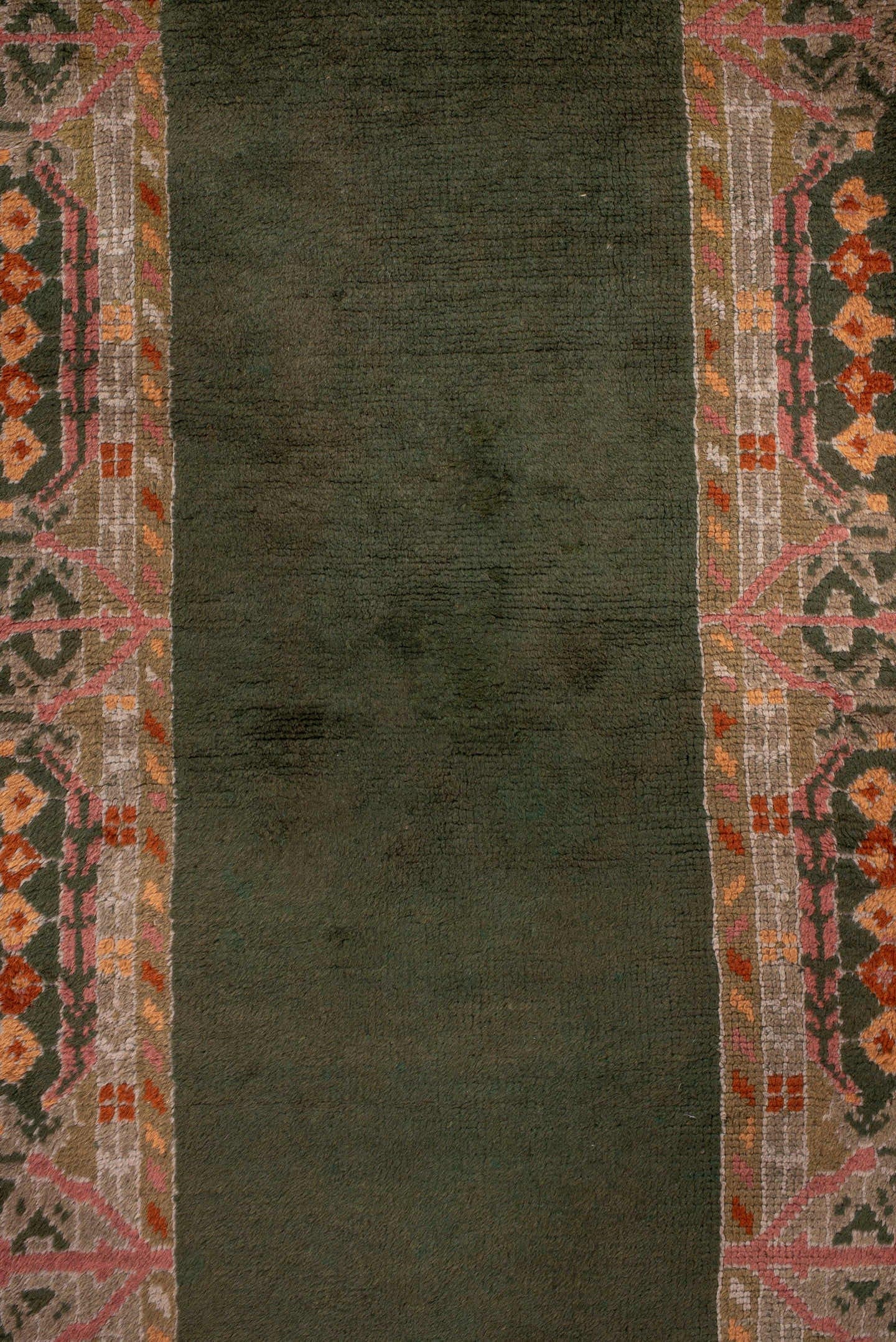 3' x 11' one-of-a-kind handmade antique Oushak runner rug. Color palette: olive, taupe, rose, rust, ivory, charcoal, green