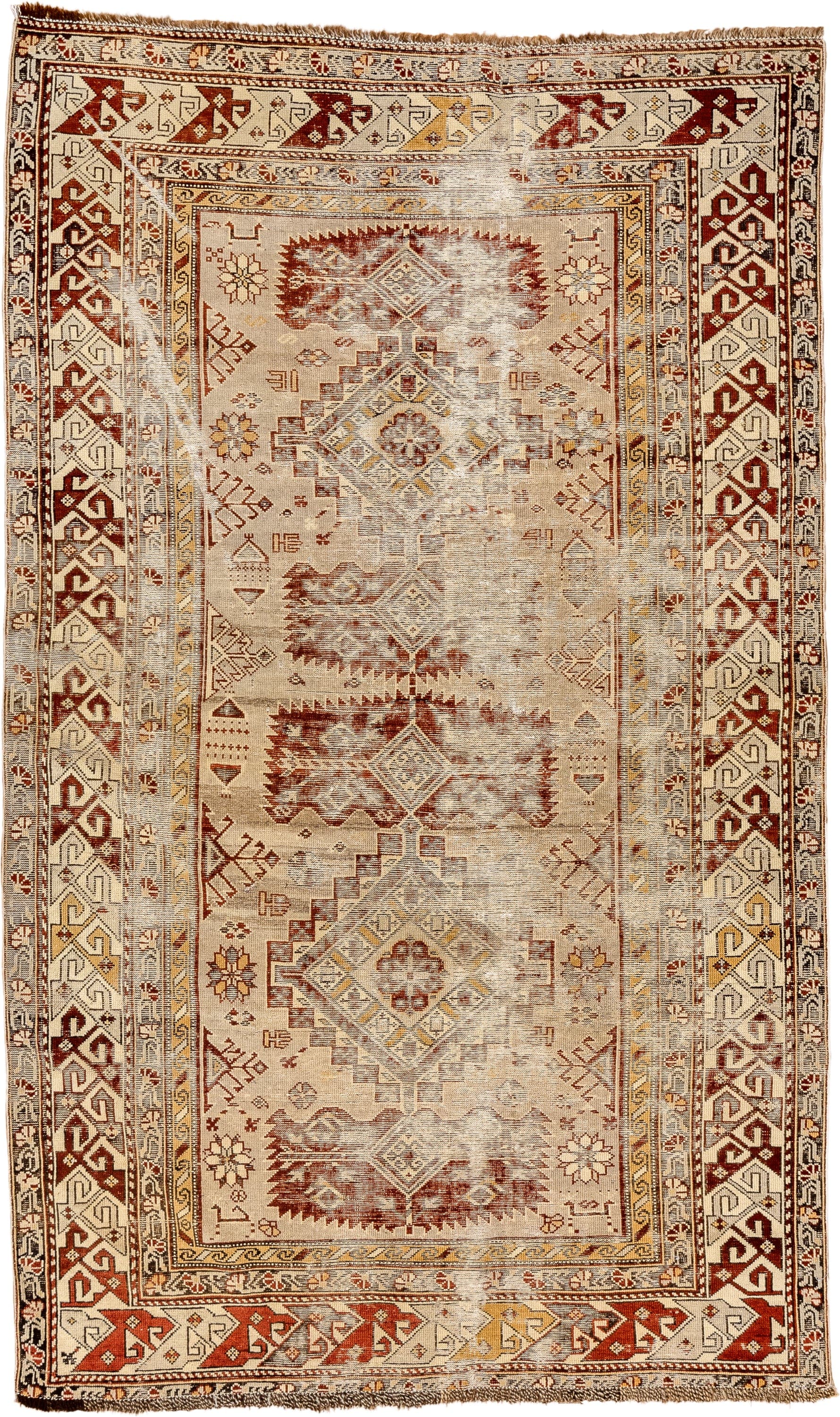 4' x 6' one-of-a-kind handmade antique Shirvan small size rug. Color palette: ivory, rust, camel, taupe, gold, brown