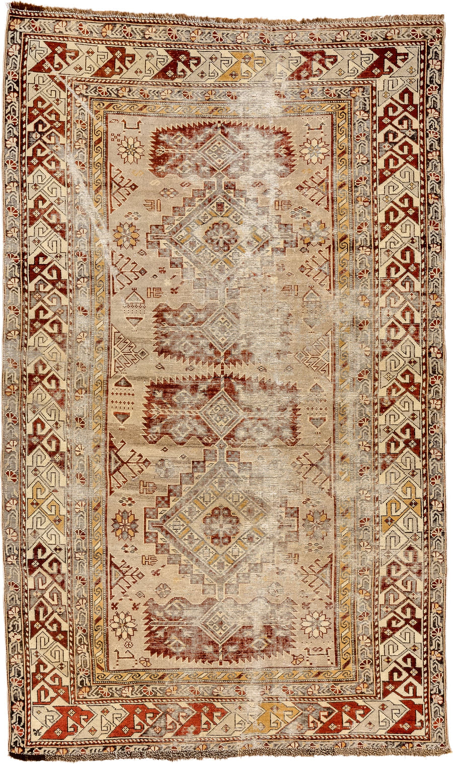 4' x 6' one-of-a-kind handmade antique Shirvan small size rug. Color palette: ivory, rust, camel, taupe, gold, brown