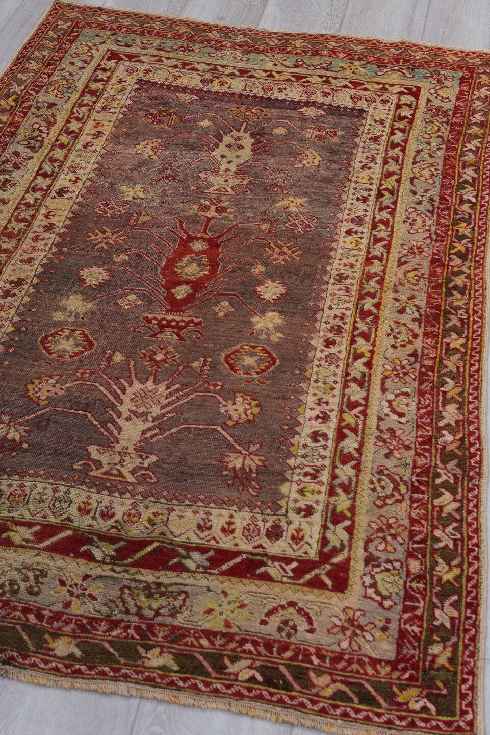 4' x 5' one-of-a-kind handmade vintage Anatolian small size rug. Color palette: rust, mauve, ivory, burgundy, olive, taupe