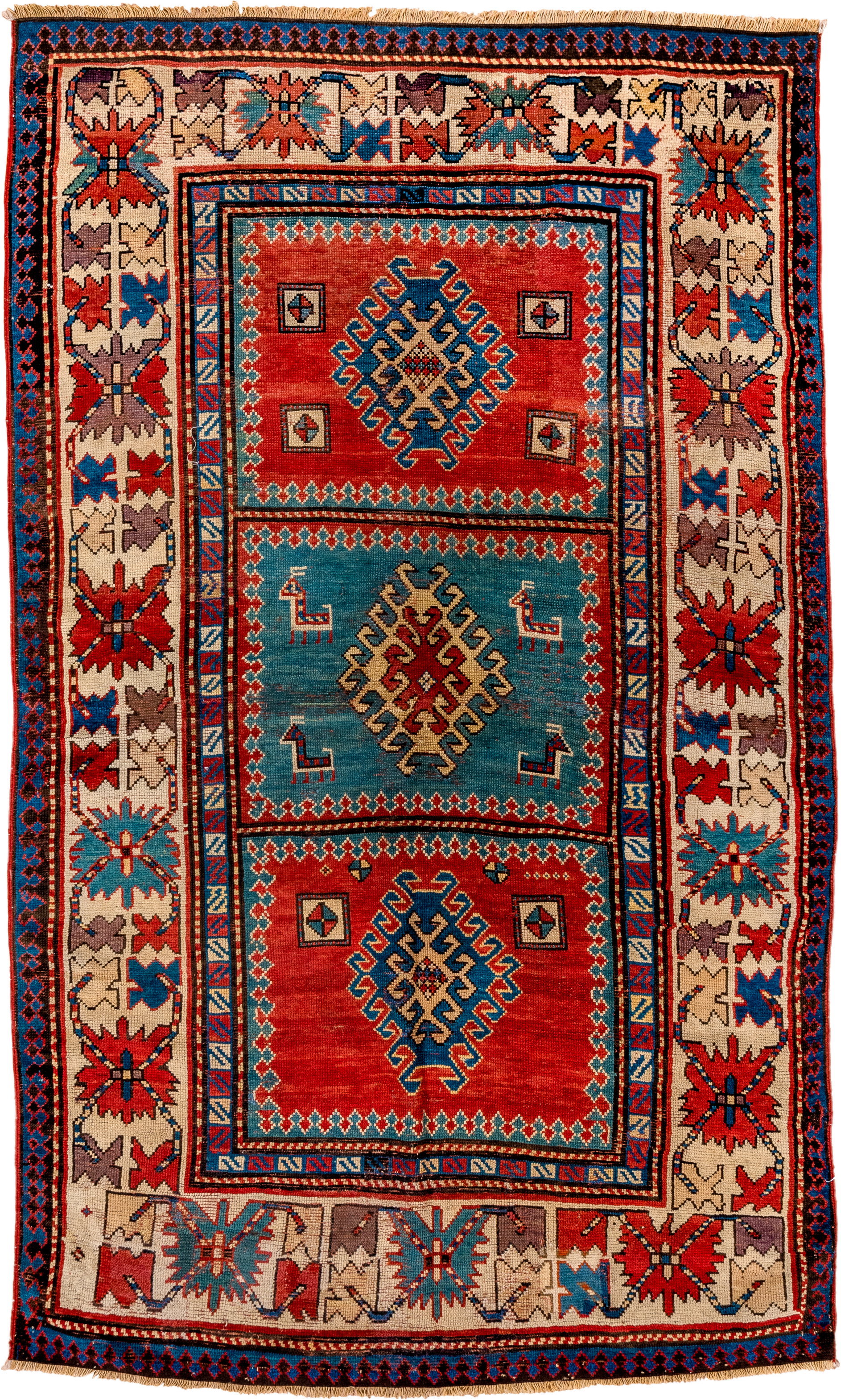 4' x 7' one-of-a-kind handmade antique Kazak rug. Color palette: ivory, red, sky blue, navy, rust, taupe, teal, light blue