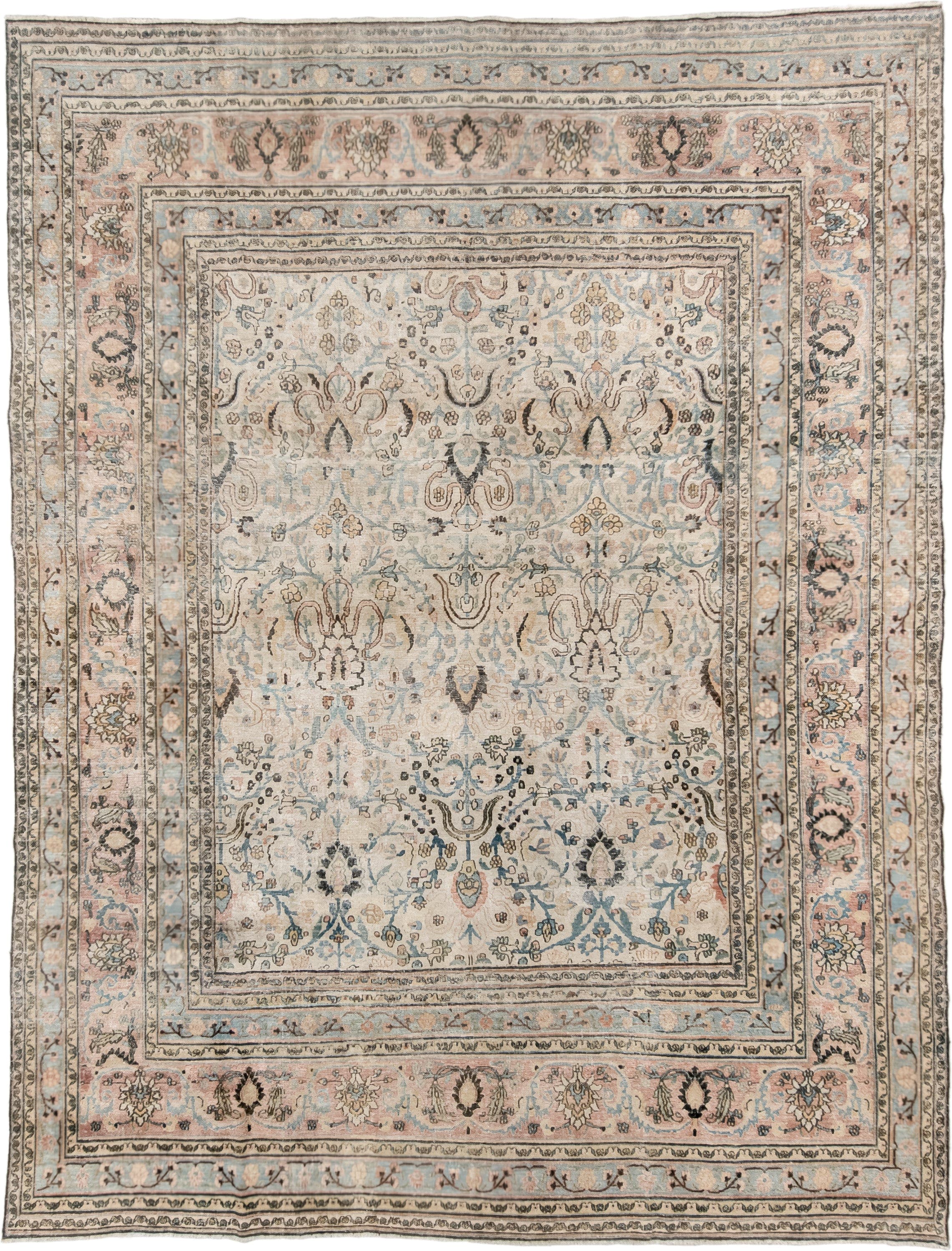 9' x 12' one-of-a-kind handmade vintage Khorassan large size rug. Color palette: ivory, pale blue, blush, charcoal, taupe