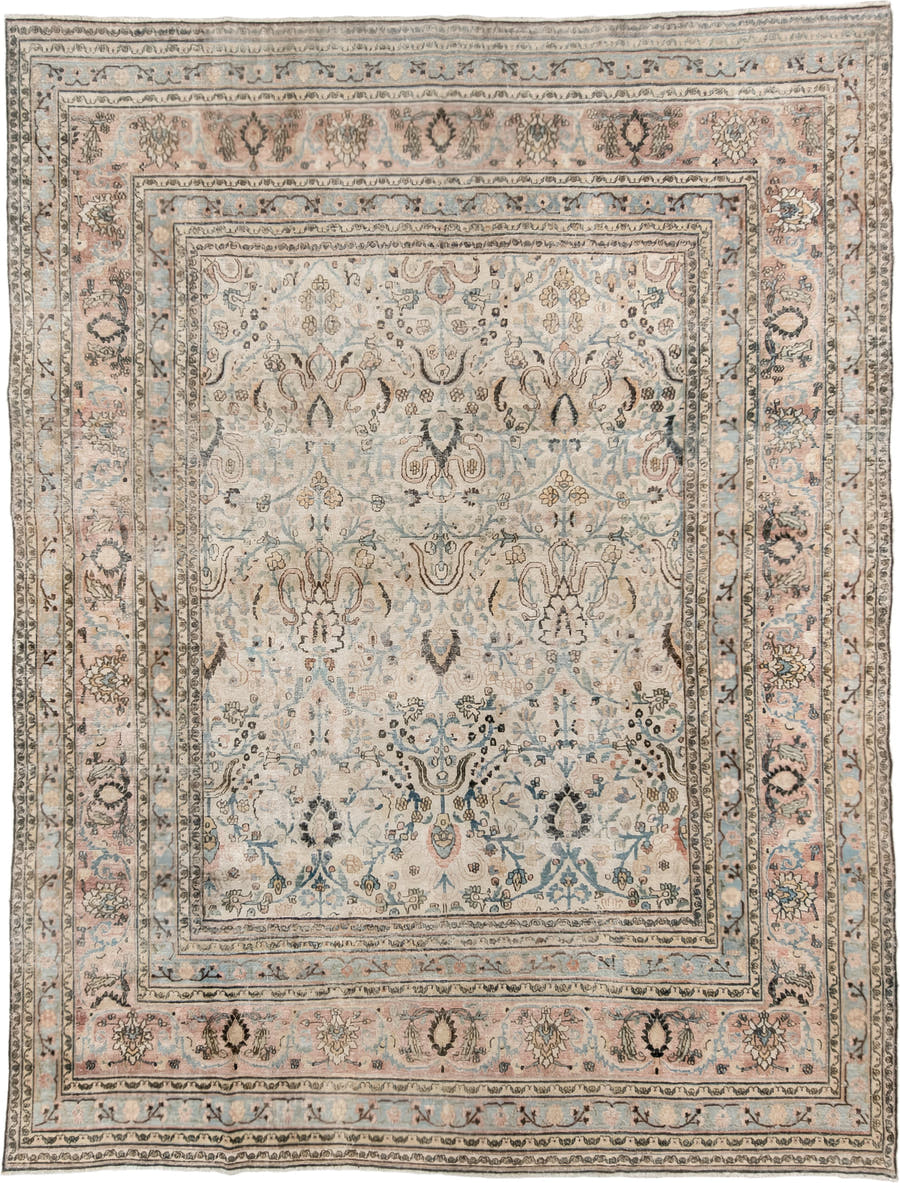 9' x 12' one-of-a-kind handmade vintage Khorassan large size rug. Color palette: ivory, pale blue, blush, charcoal, taupe