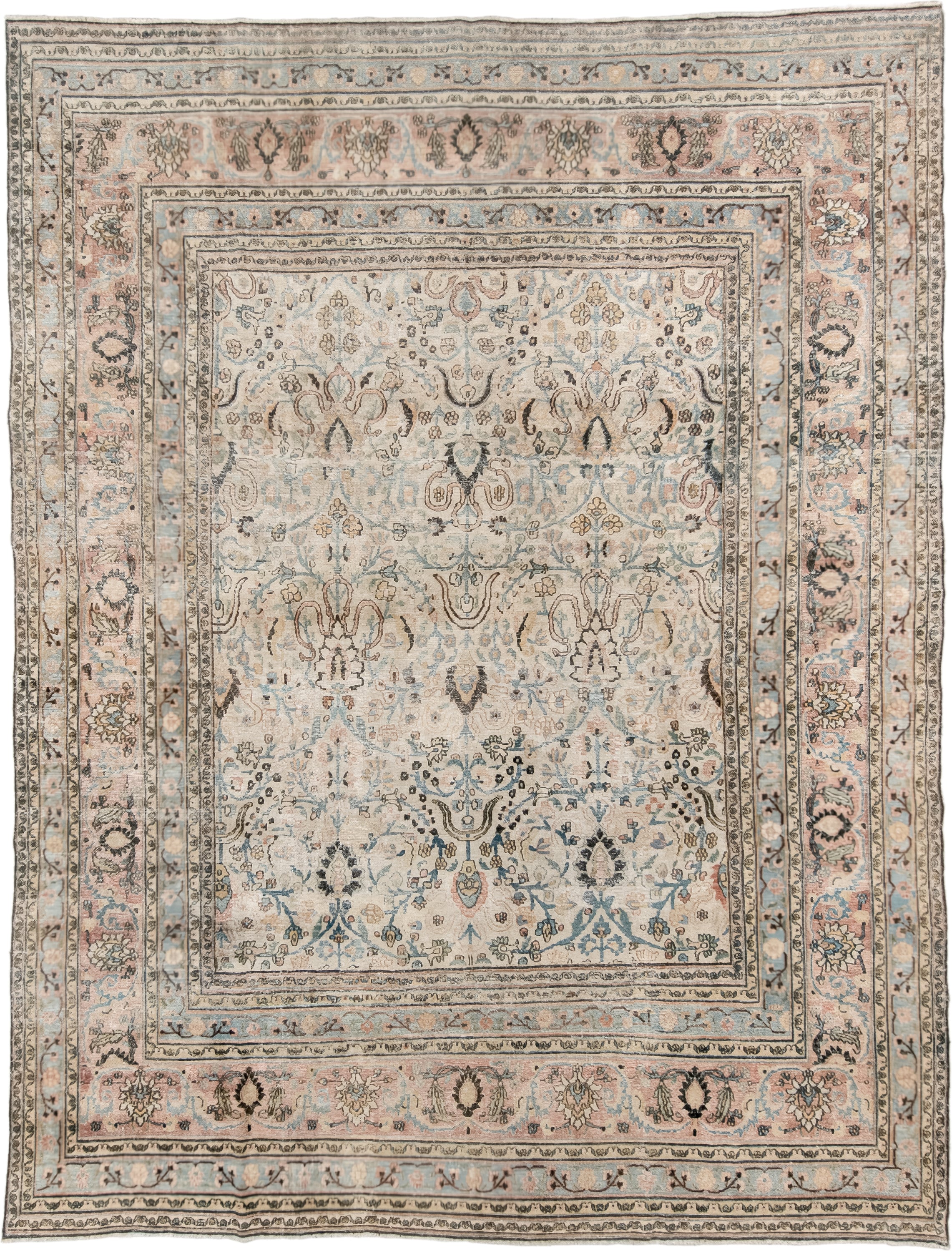 9' x 12' one-of-a-kind handmade vintage Khorassan large size rug. Color palette: ivory, pale blue, blush, charcoal, taupe