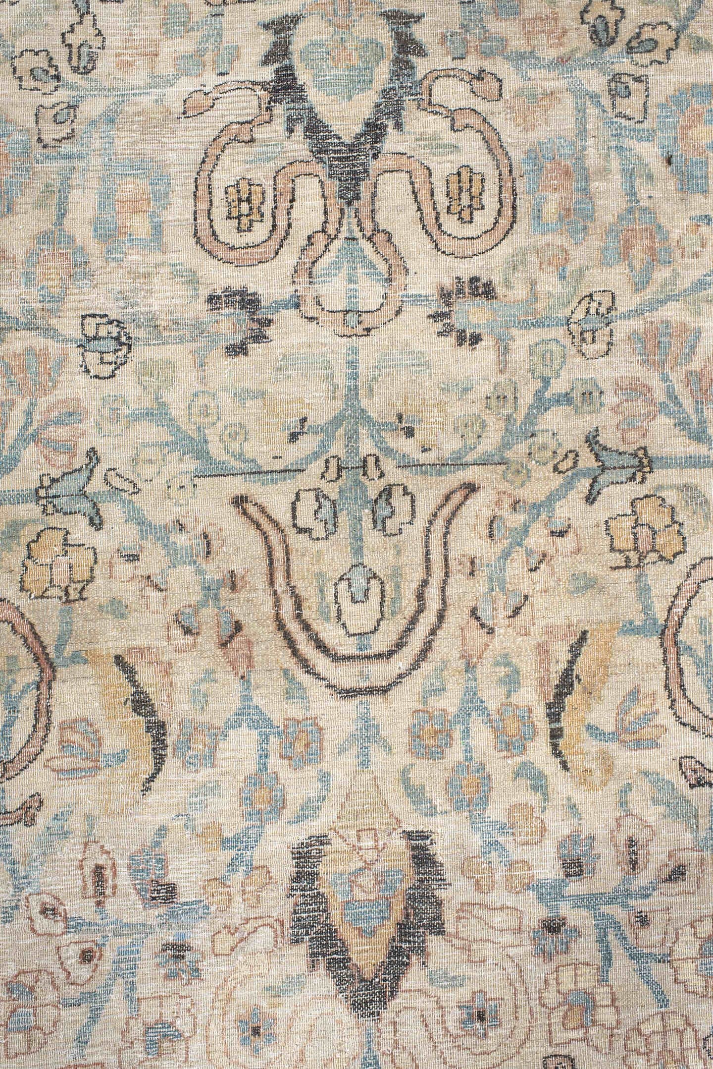 9' x 12' one-of-a-kind handmade vintage Khorassan large size rug. Color palette: ivory, pale blue, blush, charcoal, taupe