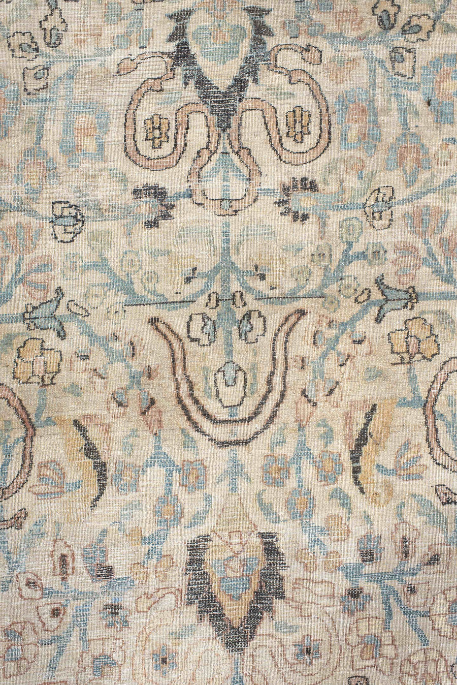 9' x 12' one-of-a-kind handmade vintage Khorassan large size rug. Color palette: ivory, pale blue, blush, charcoal, taupe