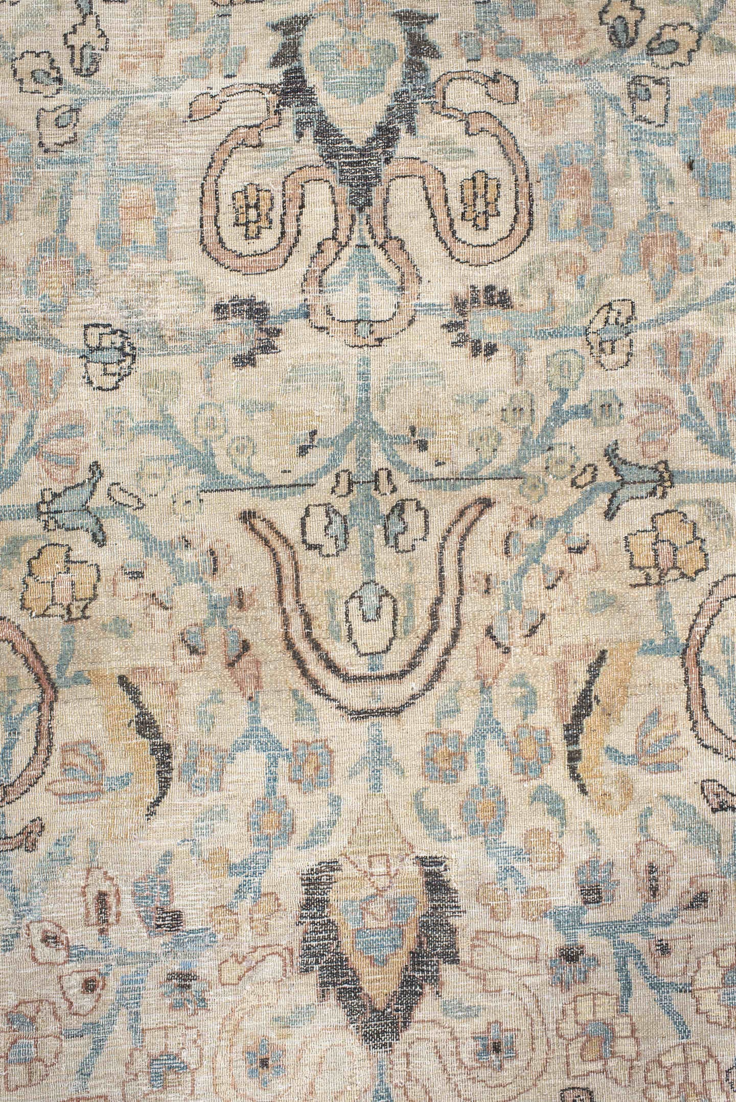 9' x 12' one-of-a-kind handmade vintage Khorassan large size rug. Color palette: ivory, pale blue, blush, charcoal, taupe