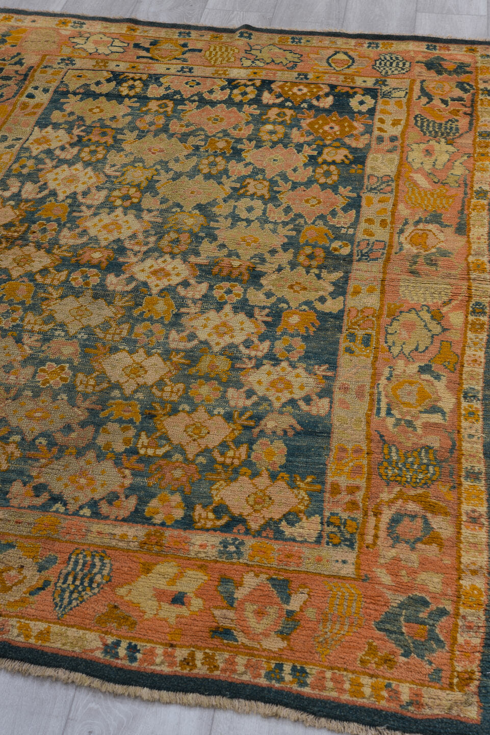 4' x 6' one-of-a-kind handmade vintage Anr rug. Color palette: blue, peach, ivory, gold, taupe, charcoal, camel, terracotta