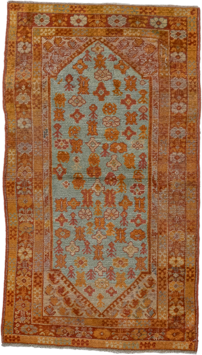 3' x 5' one-of-a-kind handmade antique Oushak small size rug. Color palette: rust, pale blue, gold, terra cotta, ivory