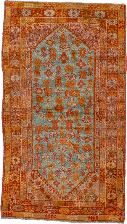3' x 5' one-of-a-kind handmade antique Oushak small size rug. Color palette: rust, pale blue, gold, terra cotta, ivory
