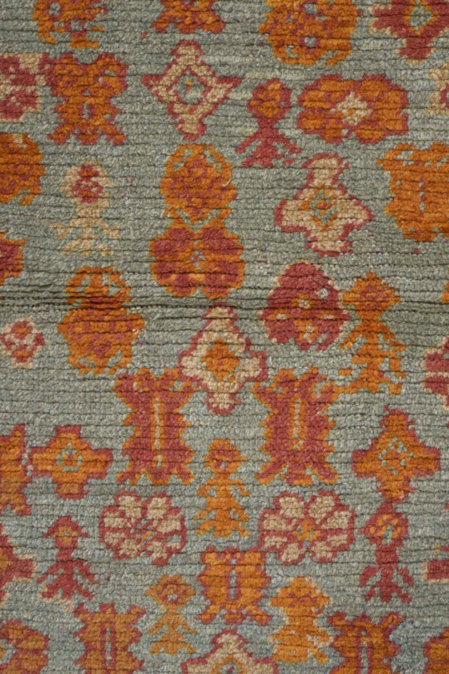 3' x 5' one-of-a-kind handmade antique Oushak small size rug. Color palette: rust, pale blue, gold, terra cotta, ivory