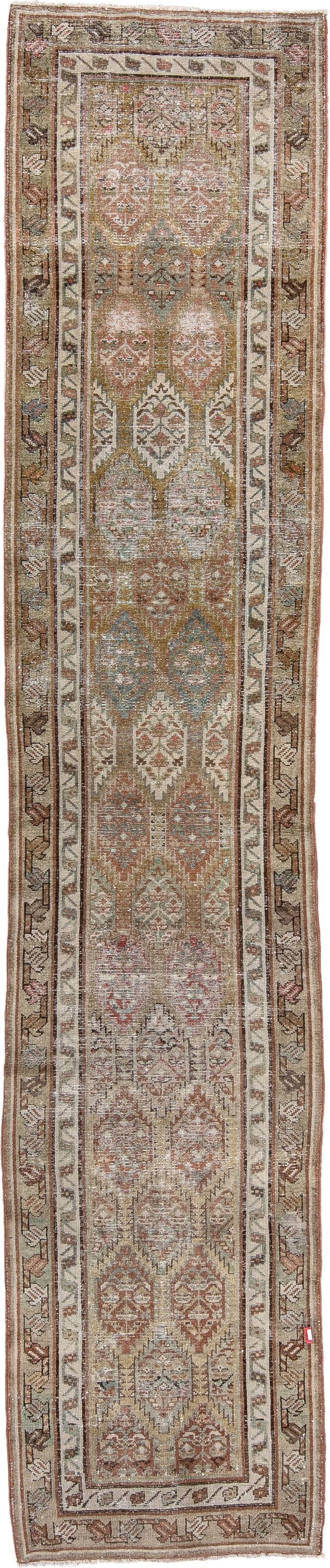 2' x 12' one-of-a-kind handmade antique NW Persian runner rug. Color palette: camel, ivory, taupe, rust, pale_blue, brown