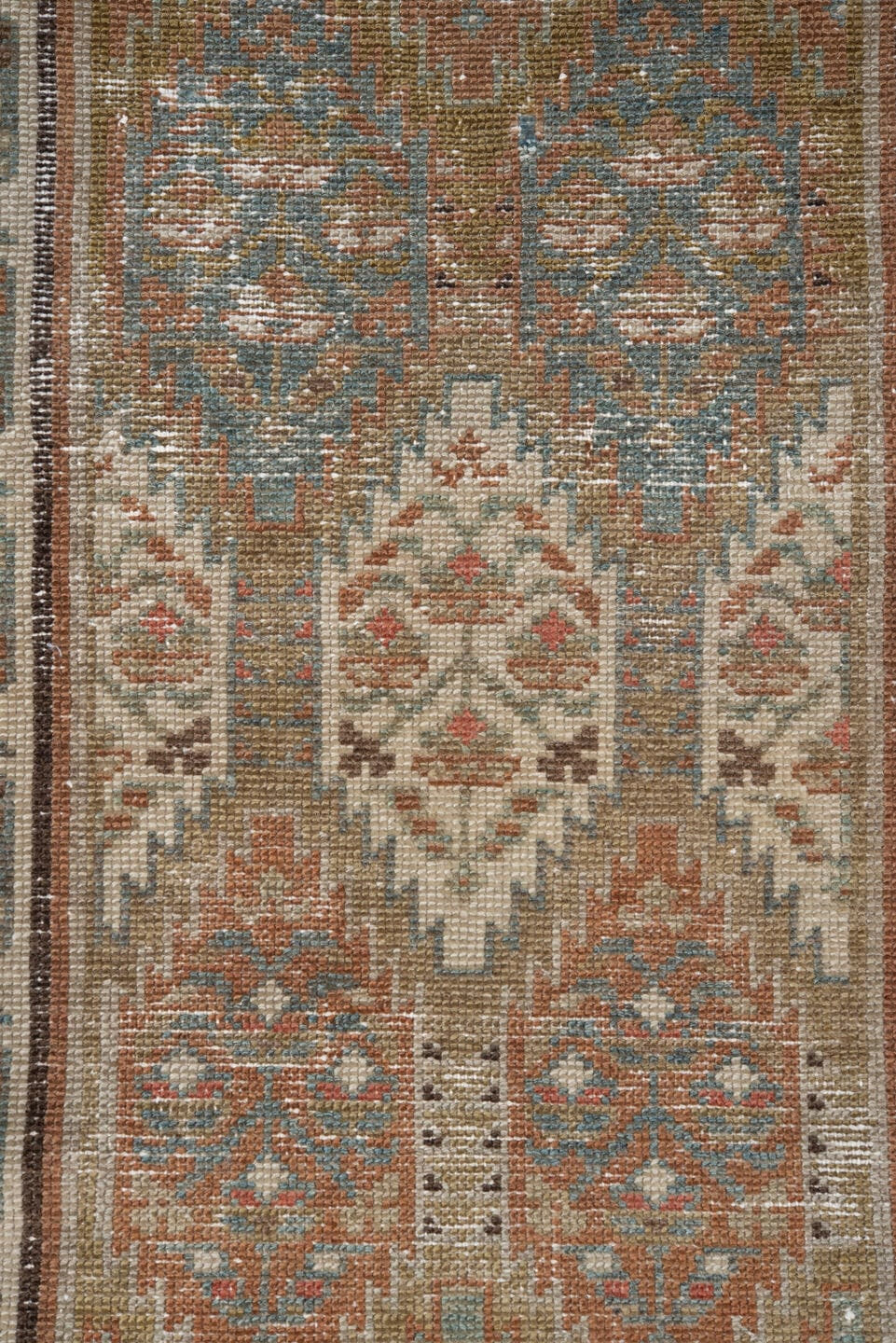 2' x 12' one-of-a-kind handmade antique NW Persian runner rug. Color palette: camel, ivory, taupe, rust, pale_blue, brown