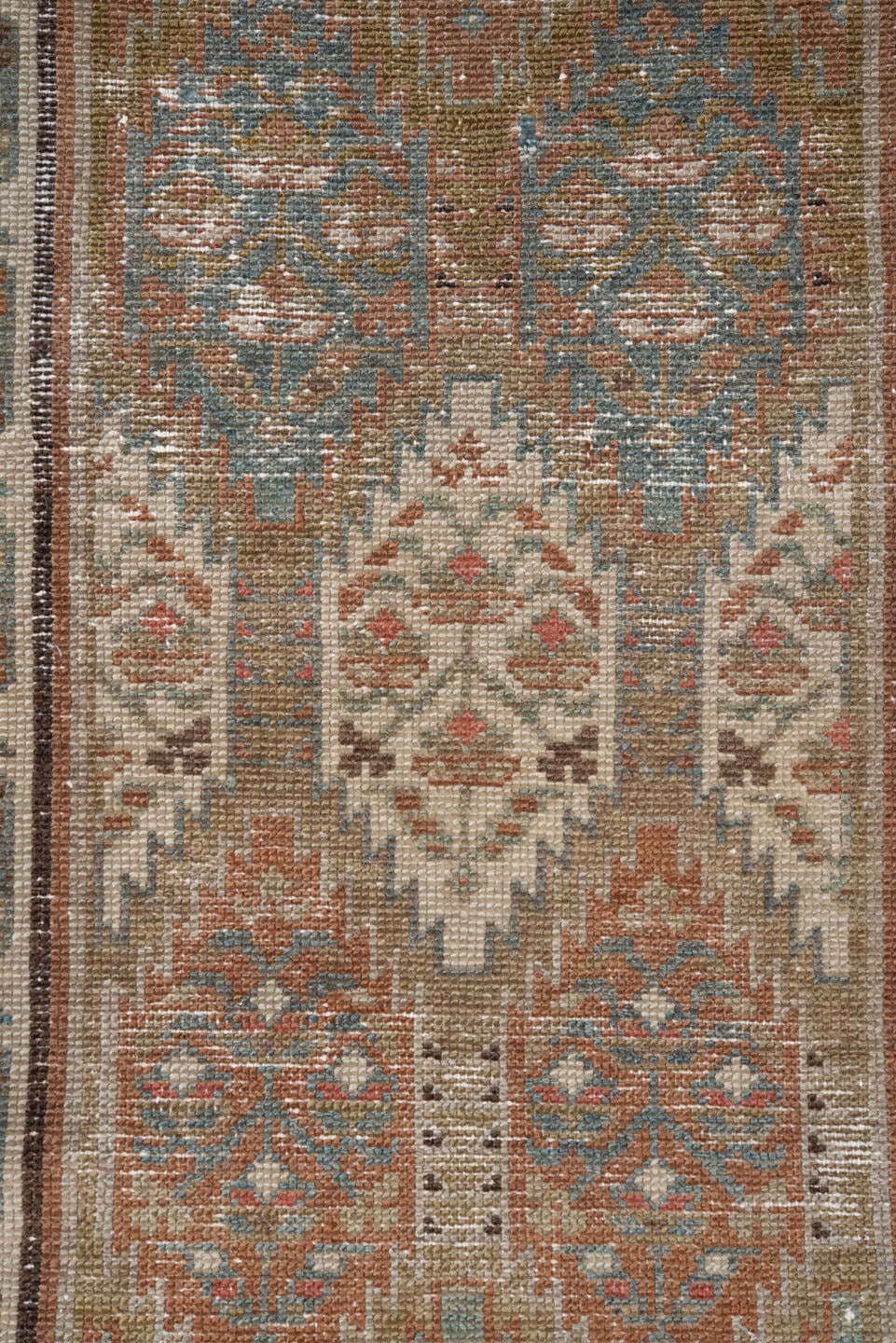 2' x 12' one-of-a-kind handmade antique NW Persian runner rug. Color palette: camel, ivory, taupe, rust, pale_blue, brown
