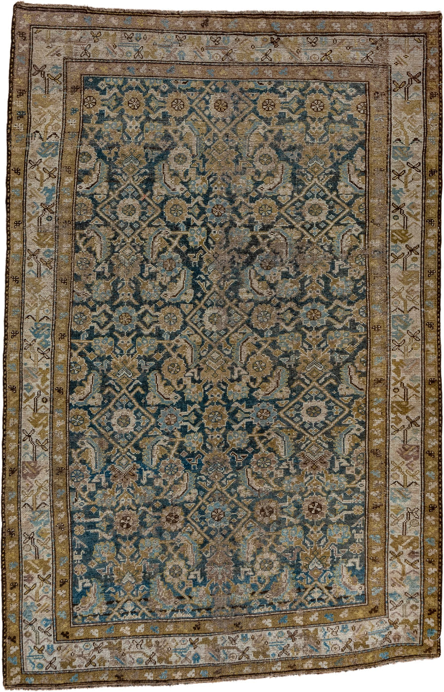 4' x 6' one-of-a-kind handmade antique Cam Hamadan small size rug. Color palette: blue, taupe, ivory, brown, beige, camel