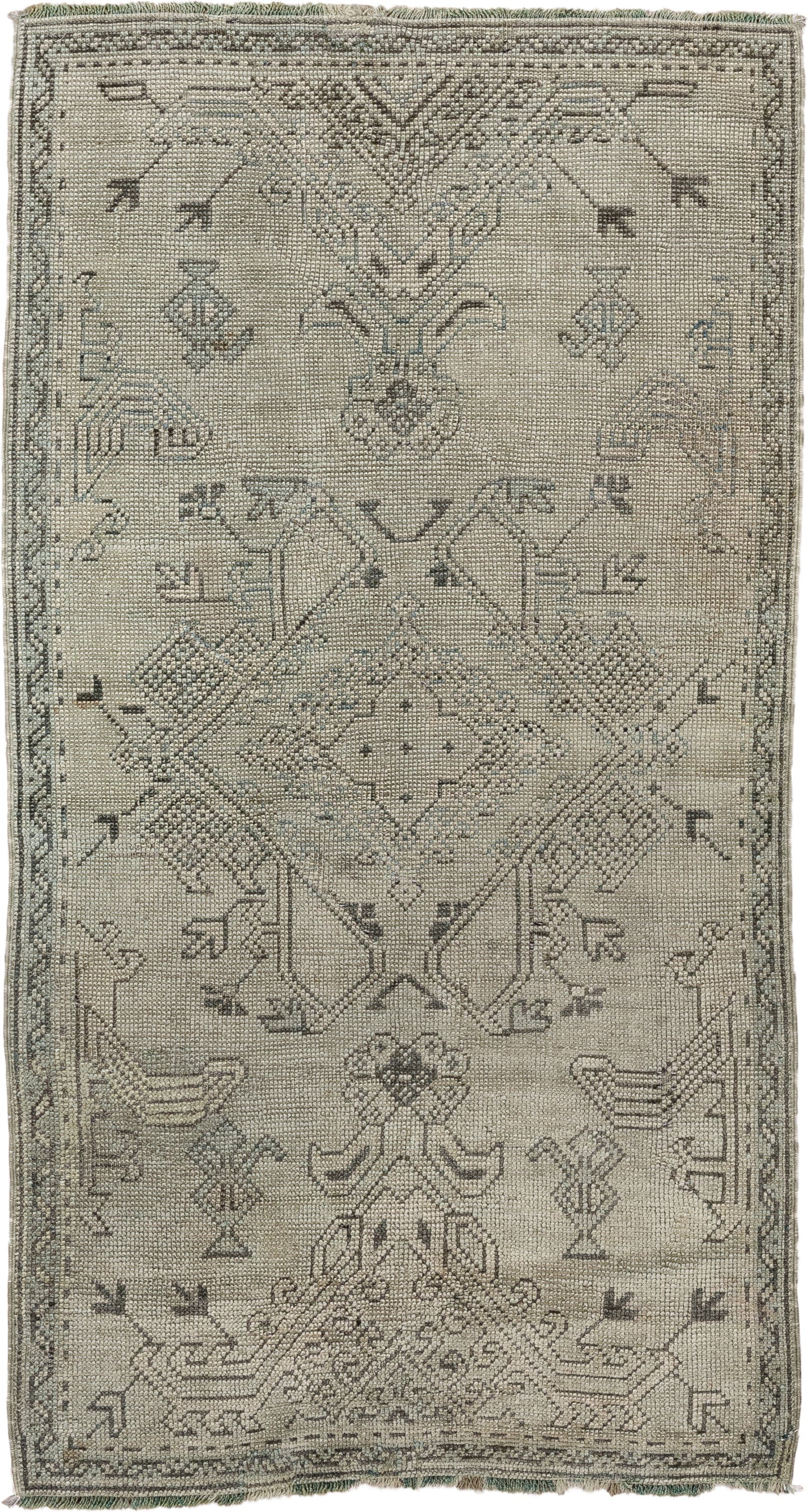 3' x 5' one-of-a-kind handmade antique Oushak small size rug. Color palette: ivory, taupe, sage, olive, charcoal, beige