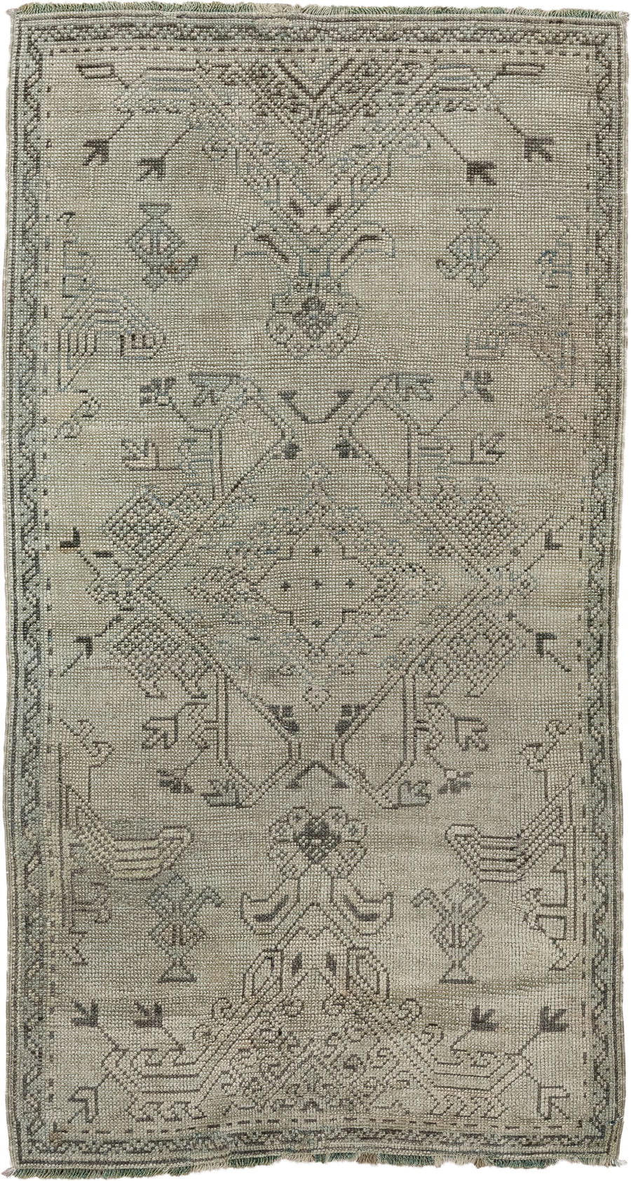 3' x 5' one-of-a-kind handmade antique Oushak small size rug. Color palette: ivory, taupe, sage, olive, charcoal, beige