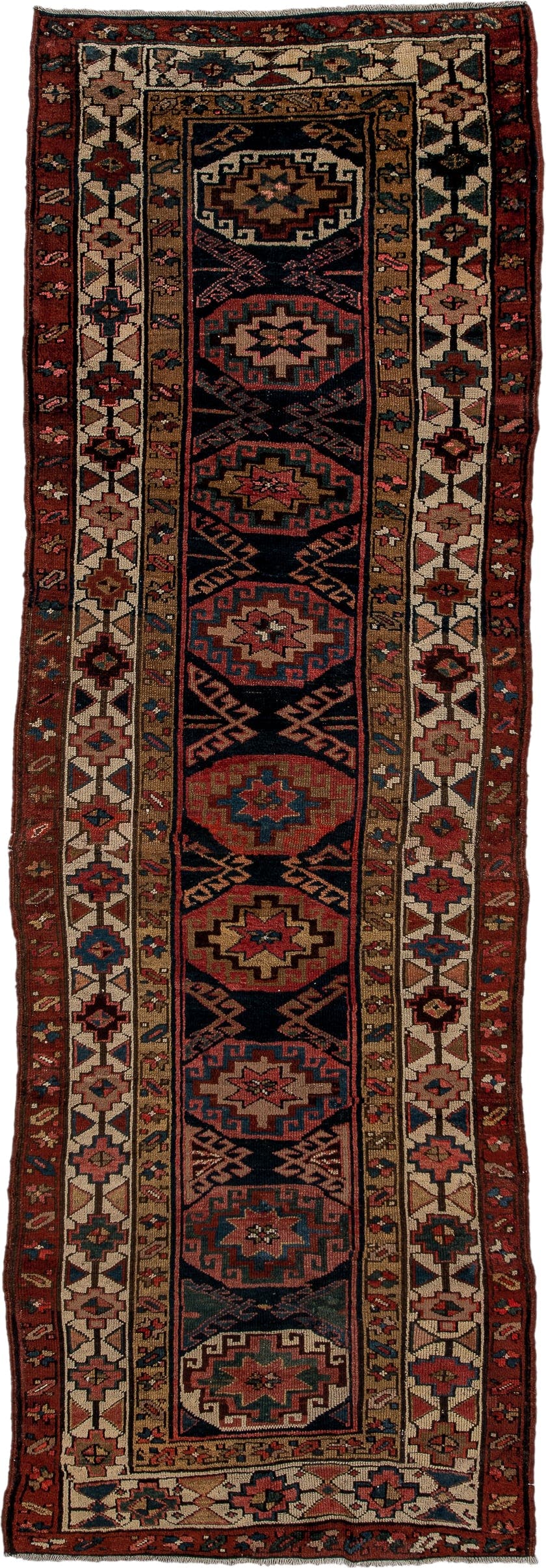 3' x 9' one-of-a-kind handmade vintage NW Persian runner rug. Color palette: navy, rust, ivory, camel, rose, teal, brown