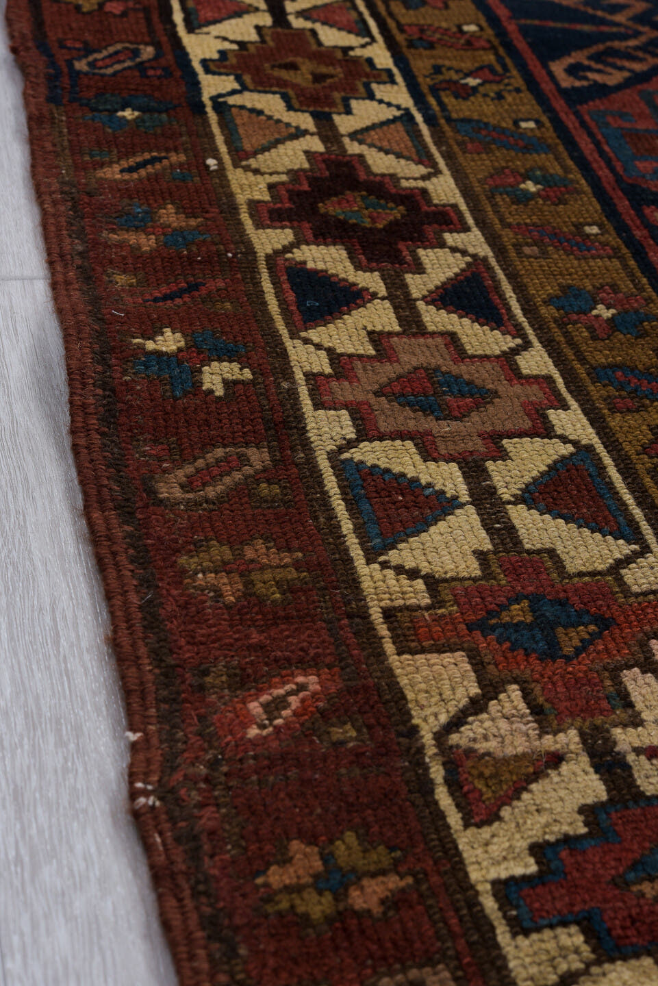 3' x 9' one-of-a-kind handmade vintage NW Persian runner rug. Color palette: navy, rust, ivory, camel, rose, teal, brown