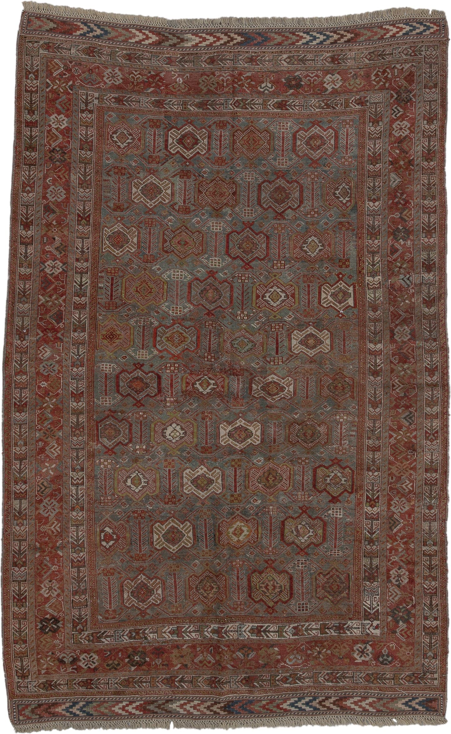4' x 7' one-of-a-kind handmade vintage Afshar rug. Color palette: rust, slate, ivory, camel, burgundy, navy, taupe