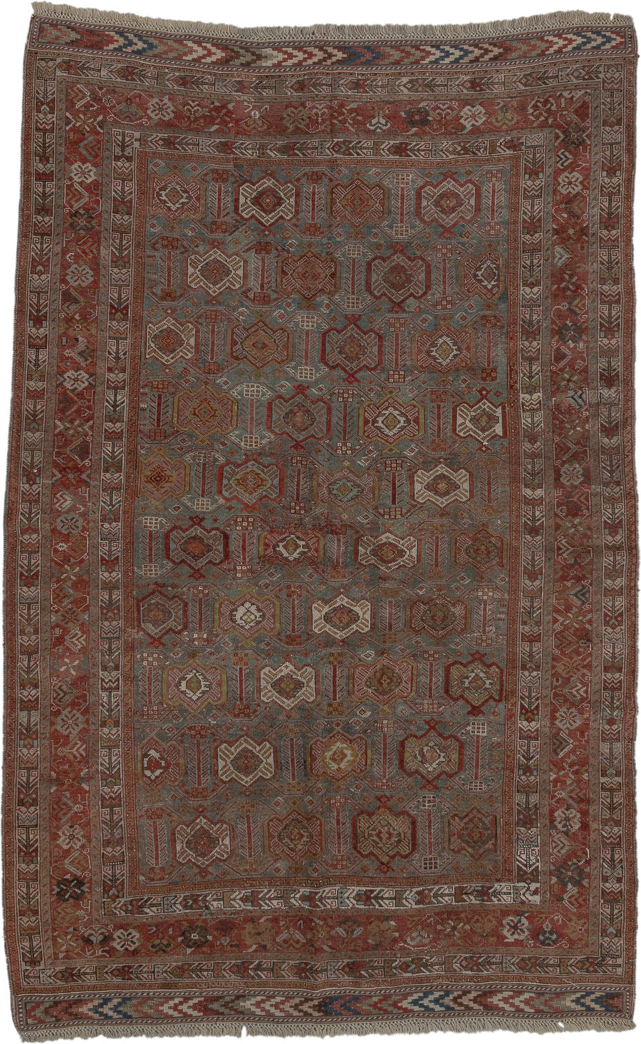 4' x 7' one-of-a-kind handmade vintage Afshar rug. Color palette: rust, slate, ivory, camel, burgundy, navy, taupe
