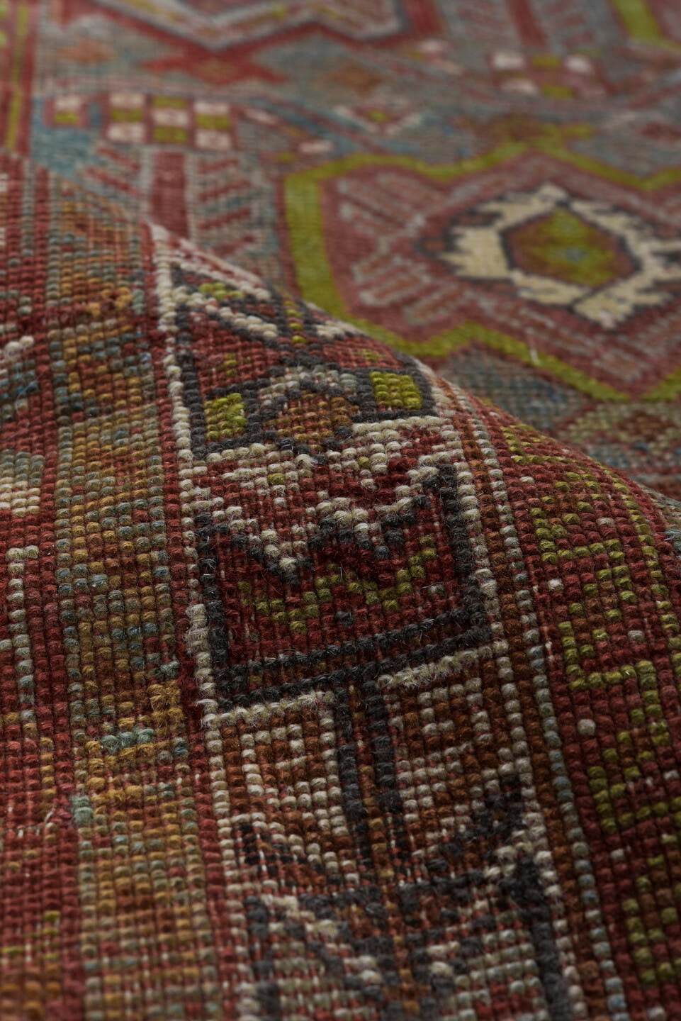 4' x 7' one-of-a-kind handmade vintage Afshar rug. Color palette: rust, slate, ivory, camel, burgundy, navy, taupe
