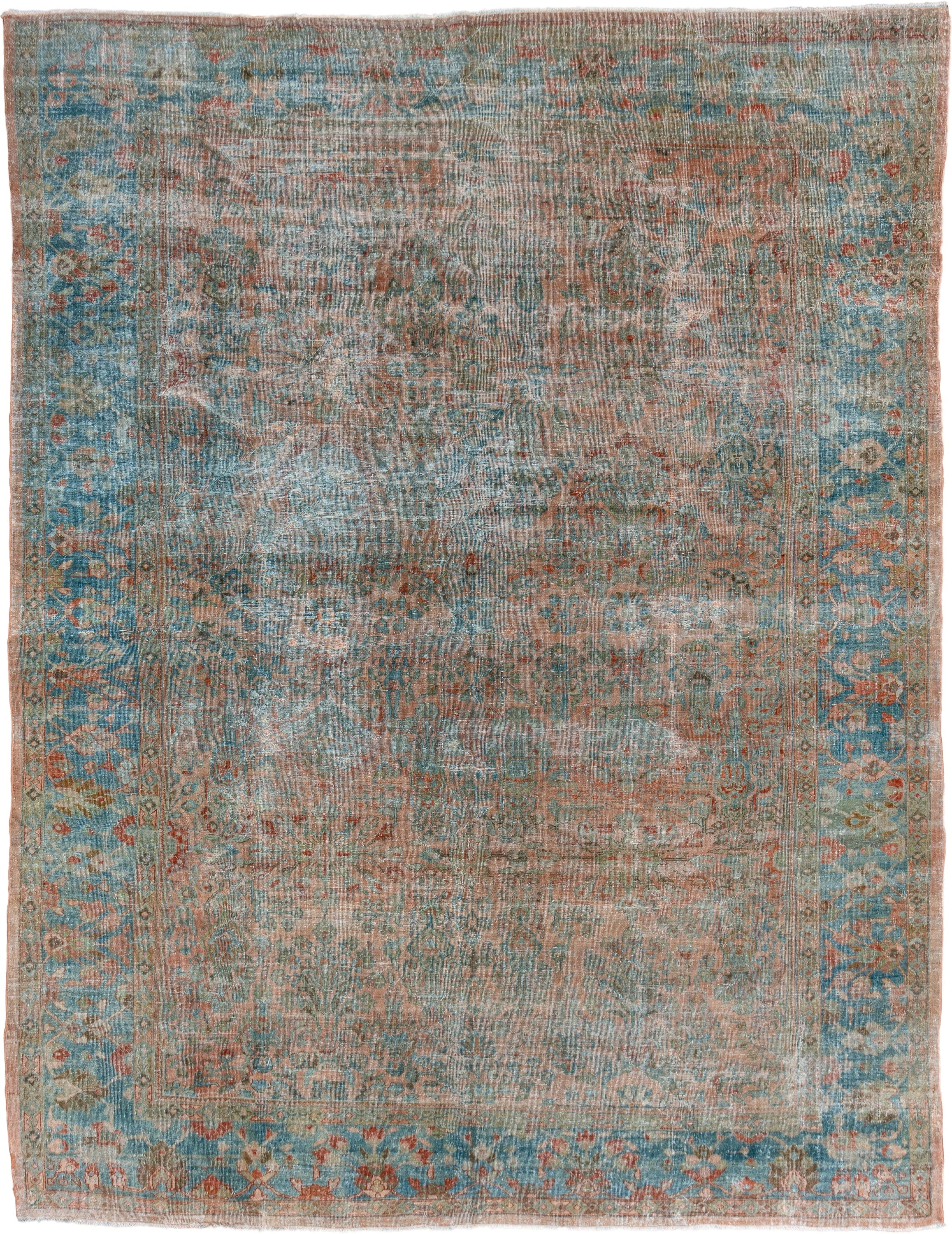 10' x 13' one-of-a-kind handmade antique Mahal large size rug. Color palette: aqua, terra cotta, ivory, sage, rust, taupe
