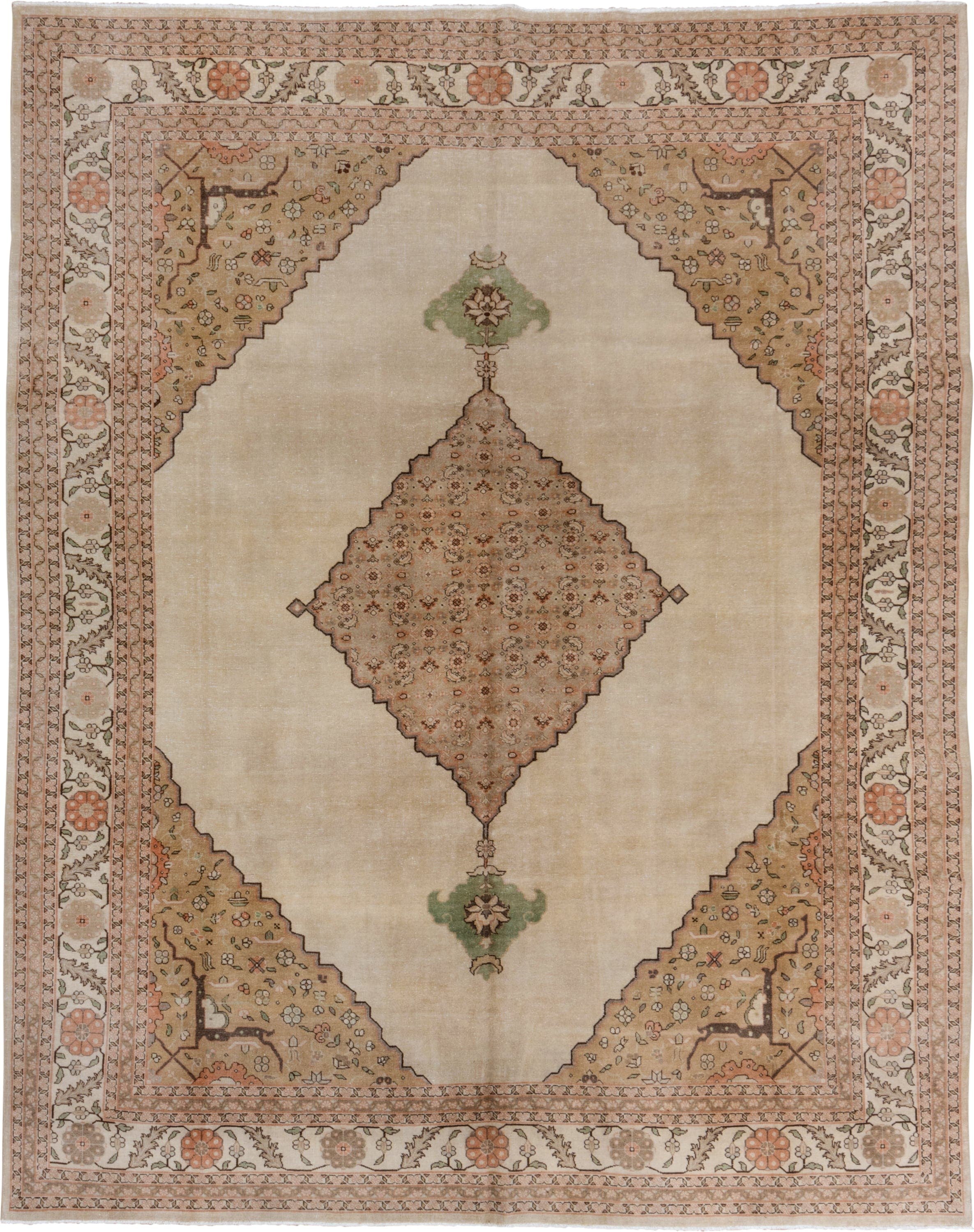 9' x 11' one-of-a-kind handmade antique Tabriz large size rug. Color palette: ivory, blush, taupe, sage, camel, brown, peach