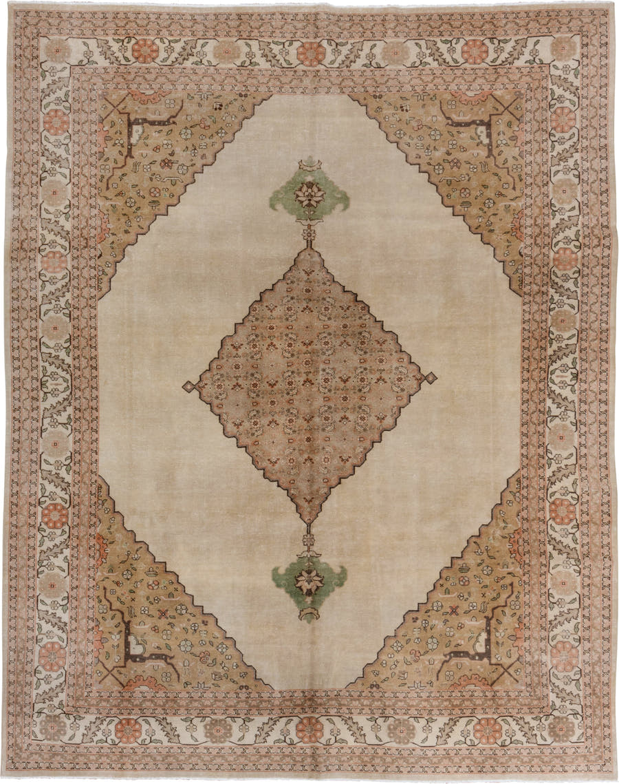 9' x 11' one-of-a-kind handmade antique Tabriz large size rug. Color palette: ivory, blush, taupe, sage, camel, brown, peach