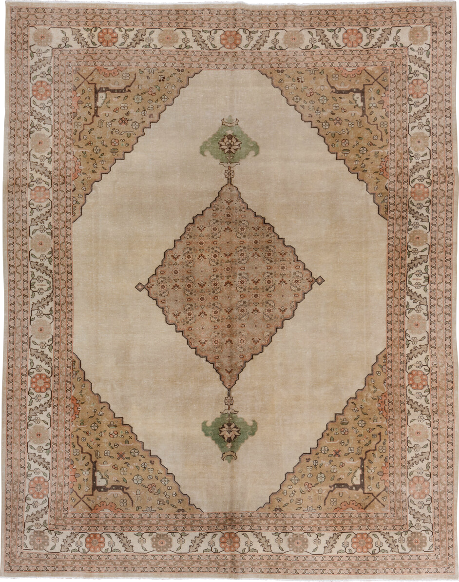 9' x 11' one-of-a-kind handmade antique Tabriz large size rug. Color palette: ivory, blush, taupe, sage, camel, brown, peach