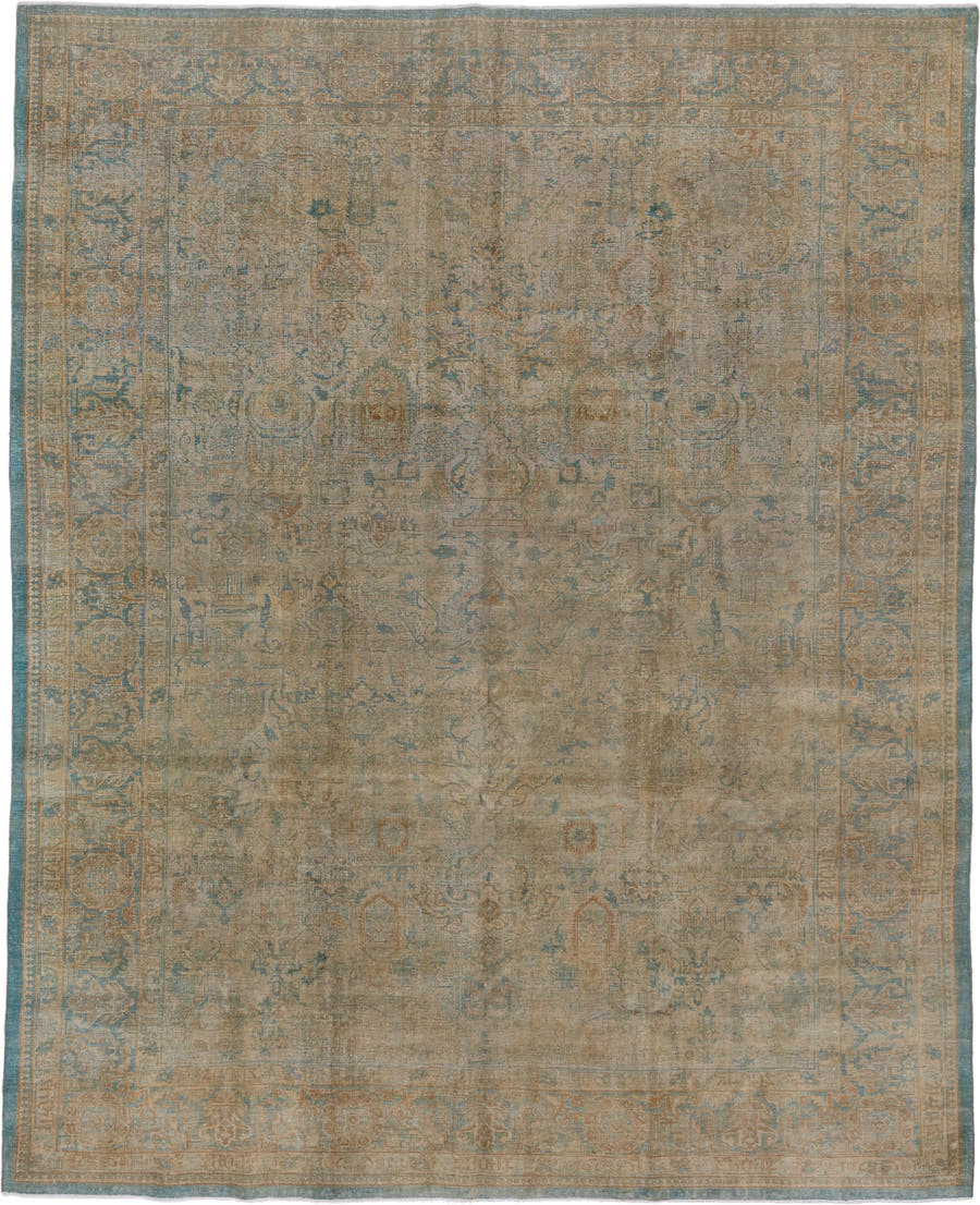 8' x 10' one-of-a-kind handmade antique Tabriz large size rug. Color palette: beige, ivory, sky blue, taupe, camel, sage