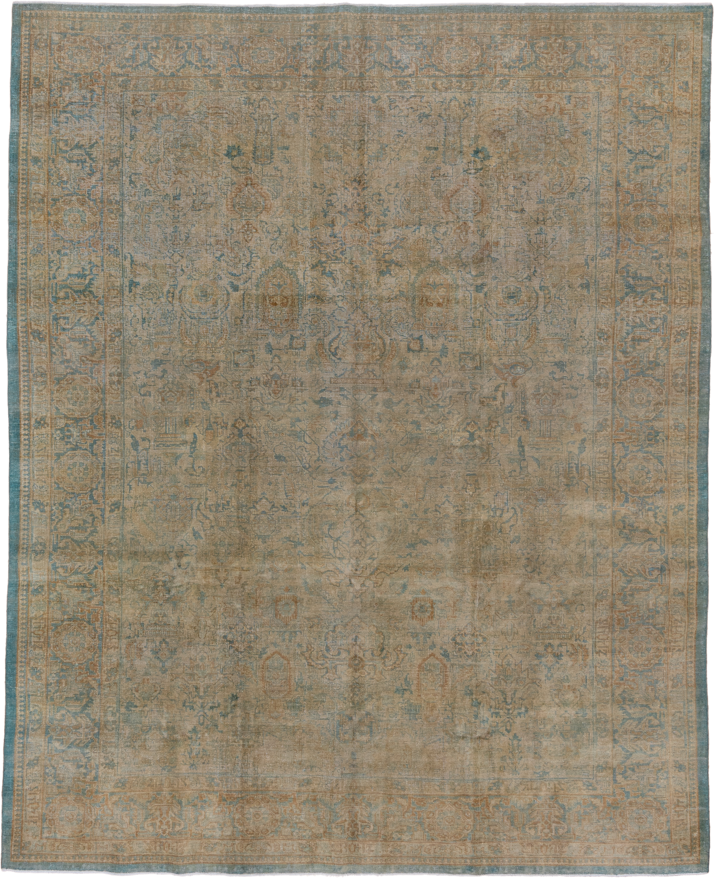 8' x 10' one-of-a-kind handmade antique Tabriz large size rug. Color palette: beige, ivory, sky blue, taupe, camel, sage