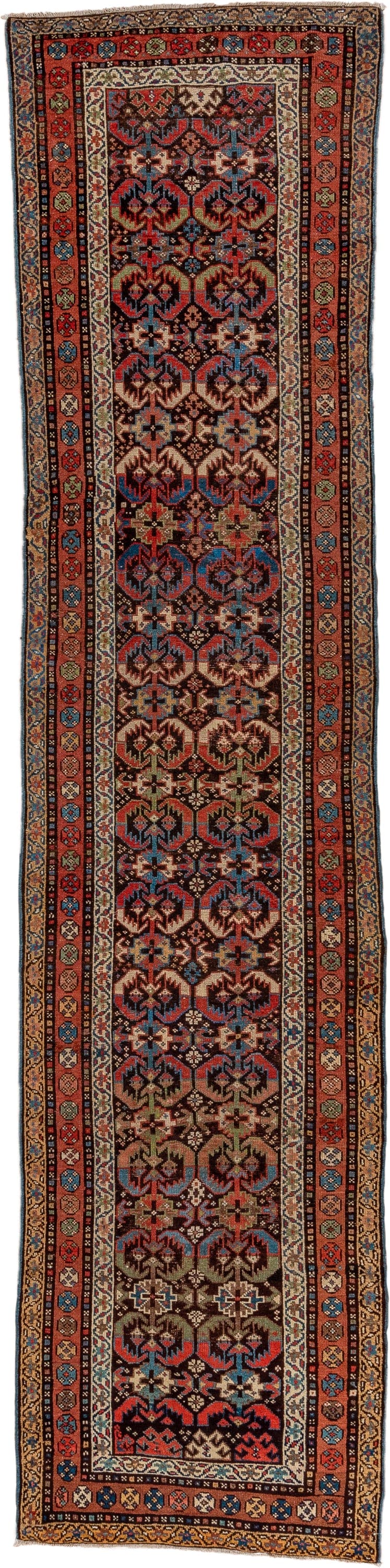 2' x 12' one-of-a-kind handmade antique NW Persian runner rug. Color palette: brown, rust, navy, ivory, camel, indigo