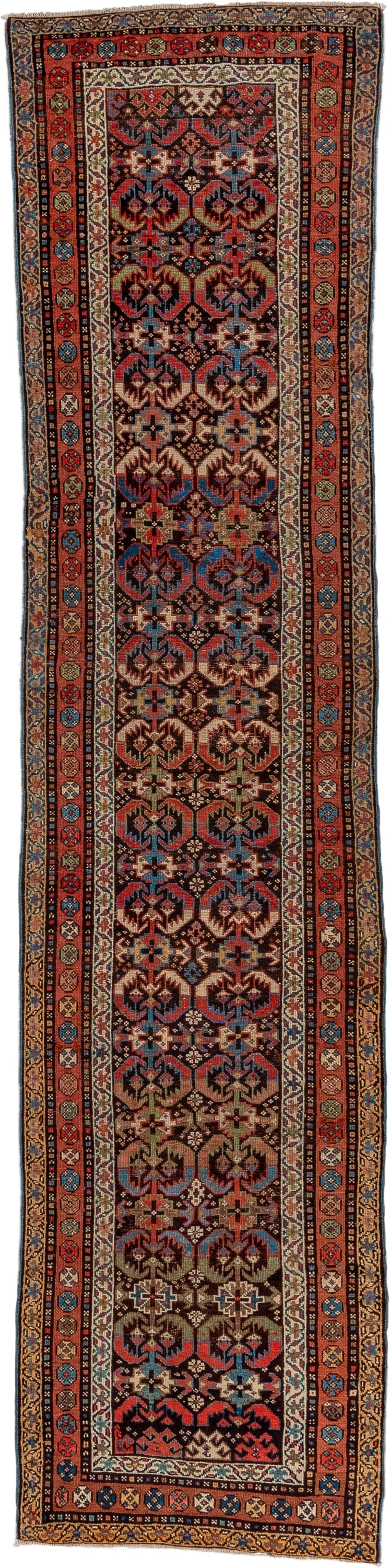 2' x 12' one-of-a-kind handmade antique NW Persian runner rug. Color palette: brown, rust, navy, ivory, camel, indigo