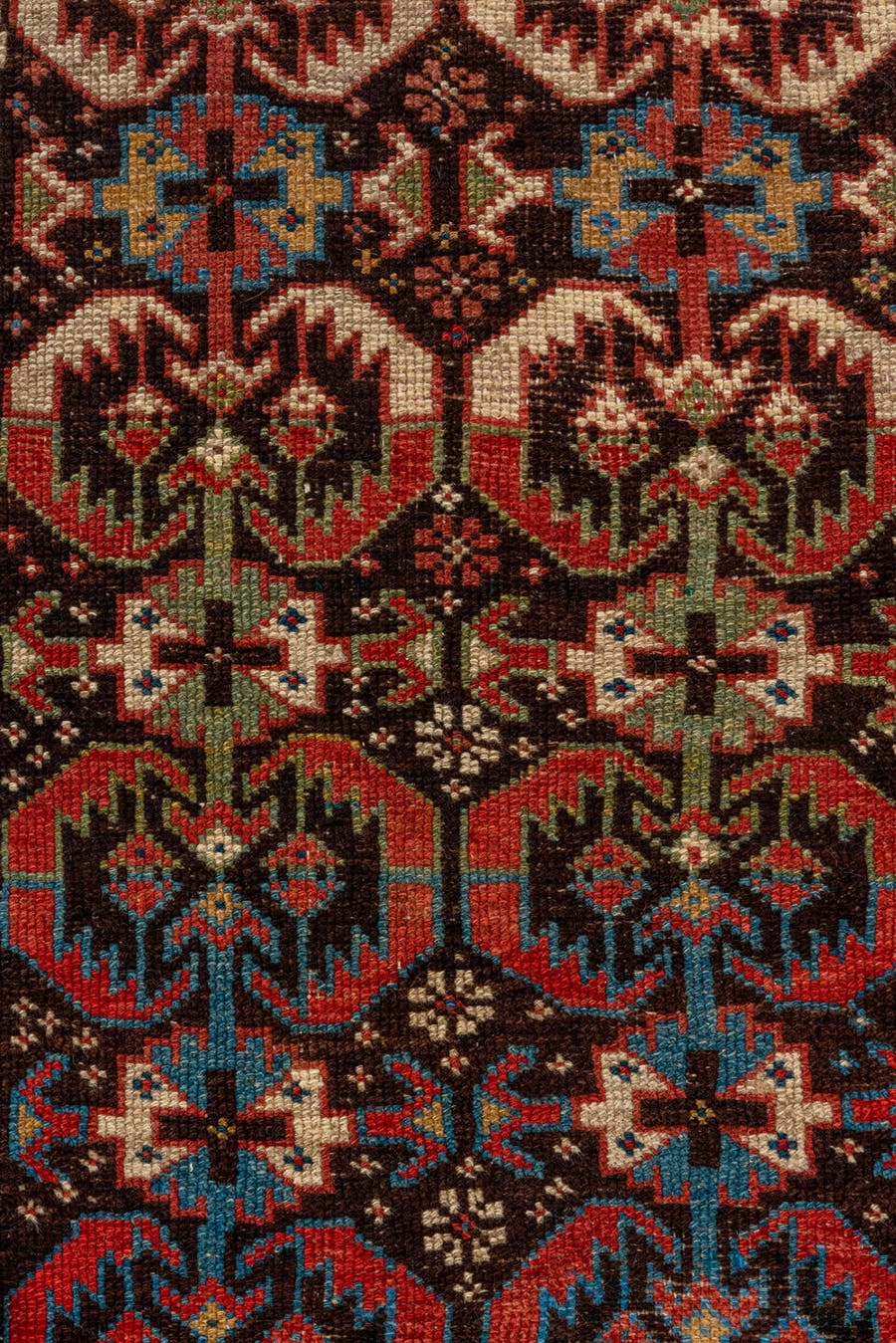 2' x 12' one-of-a-kind handmade antique NW Persian runner rug. Color palette: brown, rust, navy, ivory, camel, indigo