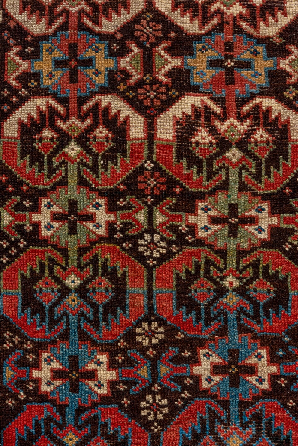 2' x 12' one-of-a-kind handmade antique NW Persian runner rug. Color palette: brown, rust, navy, ivory, camel, indigo