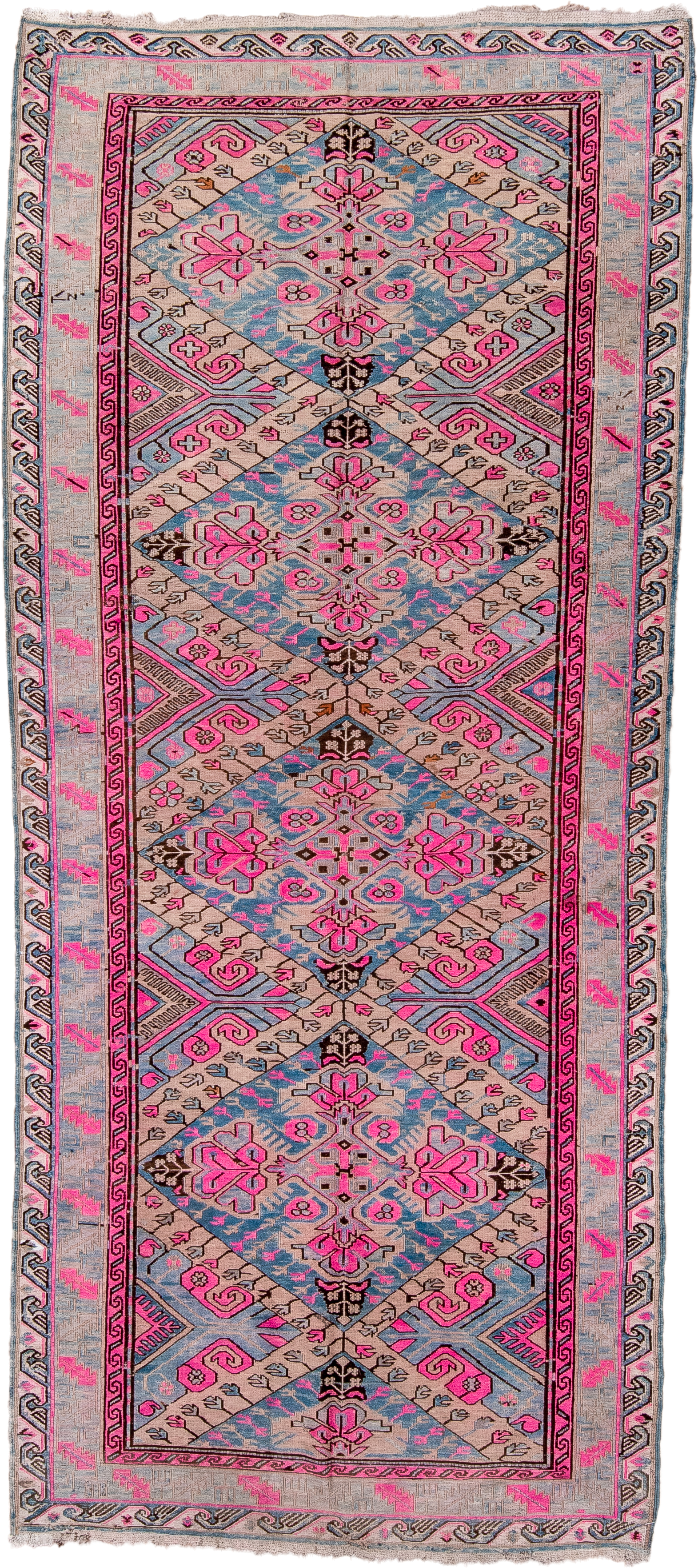 4' x 10' one-of-a-kind handmade antique Sumak runner rug. Color palette: blue, ivory, pink, taupe, charcoal, brown, beige