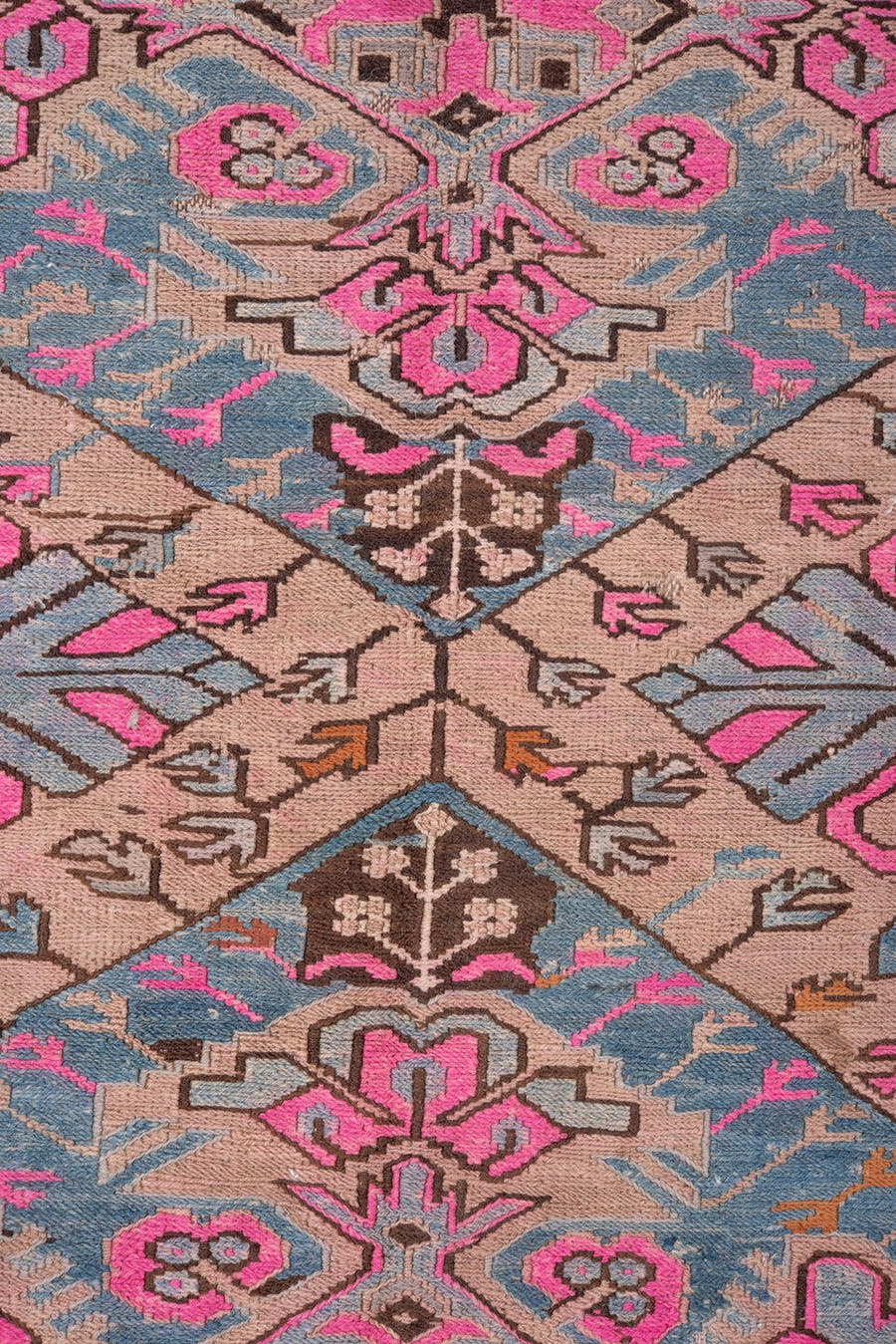 4' x 10' one-of-a-kind handmade antique Sumak runner rug. Color palette: blue, ivory, pink, taupe, charcoal, brown, beige
