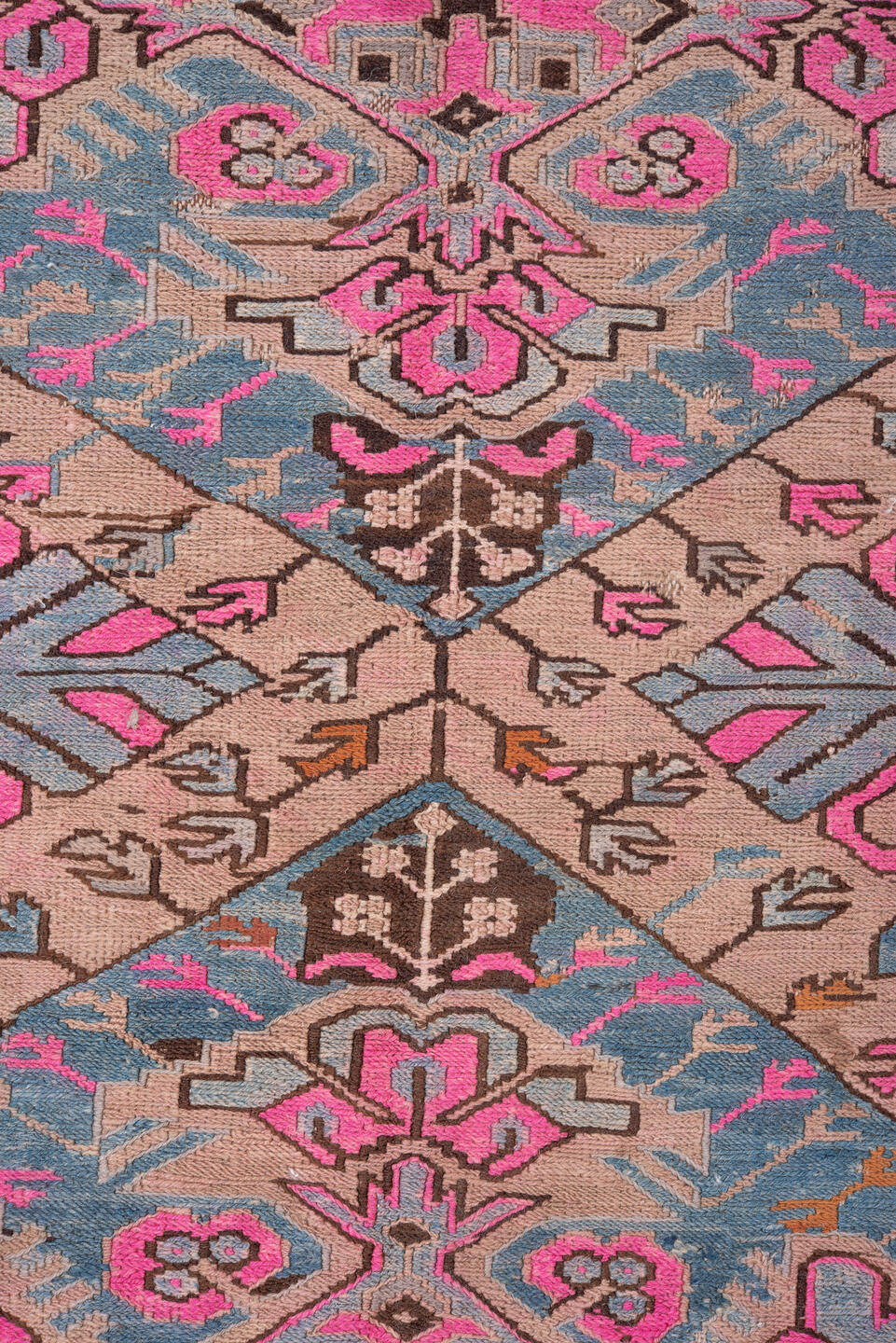 4' x 10' one-of-a-kind handmade antique Sumak runner rug. Color palette: blue, ivory, pink, taupe, charcoal, brown, beige