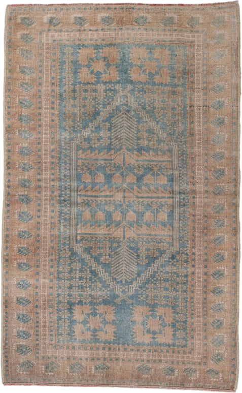 3' x 6' one-of-a-kind handmade antique Oushak small size rug. Color palette: camel, sky blue, ivory, taupe, terracotta