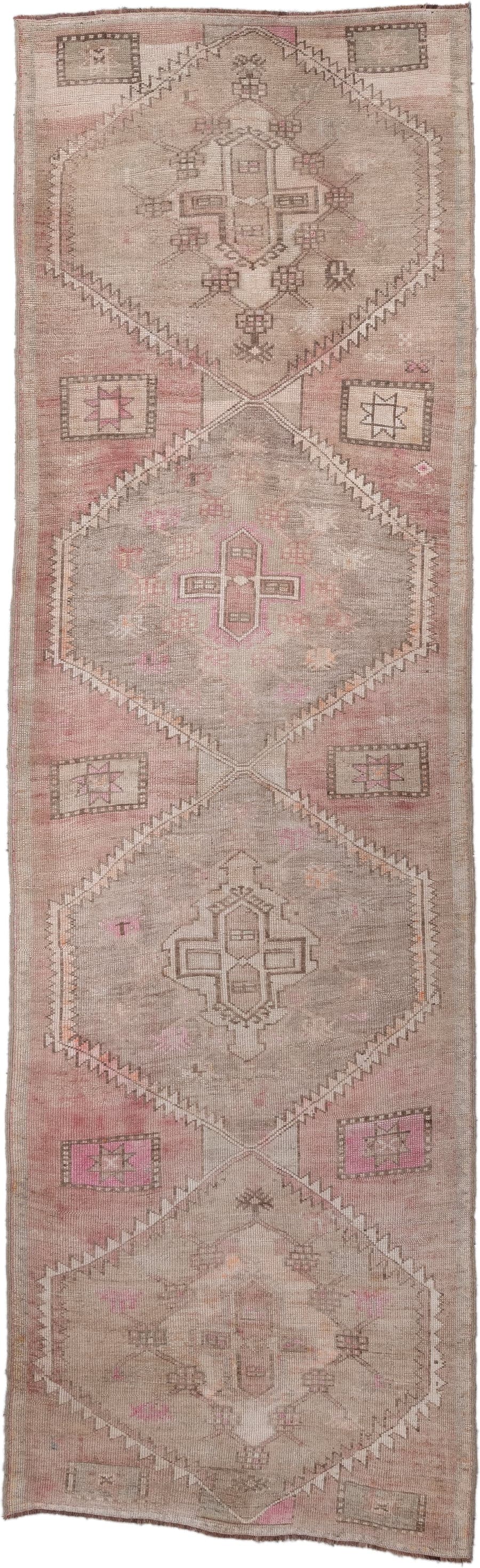 3' x 10' one-of-a-kind handmade antique Oushak runner rug. Color palette: taupe, blush, dusty_rose, ivory, beige, soft_pink